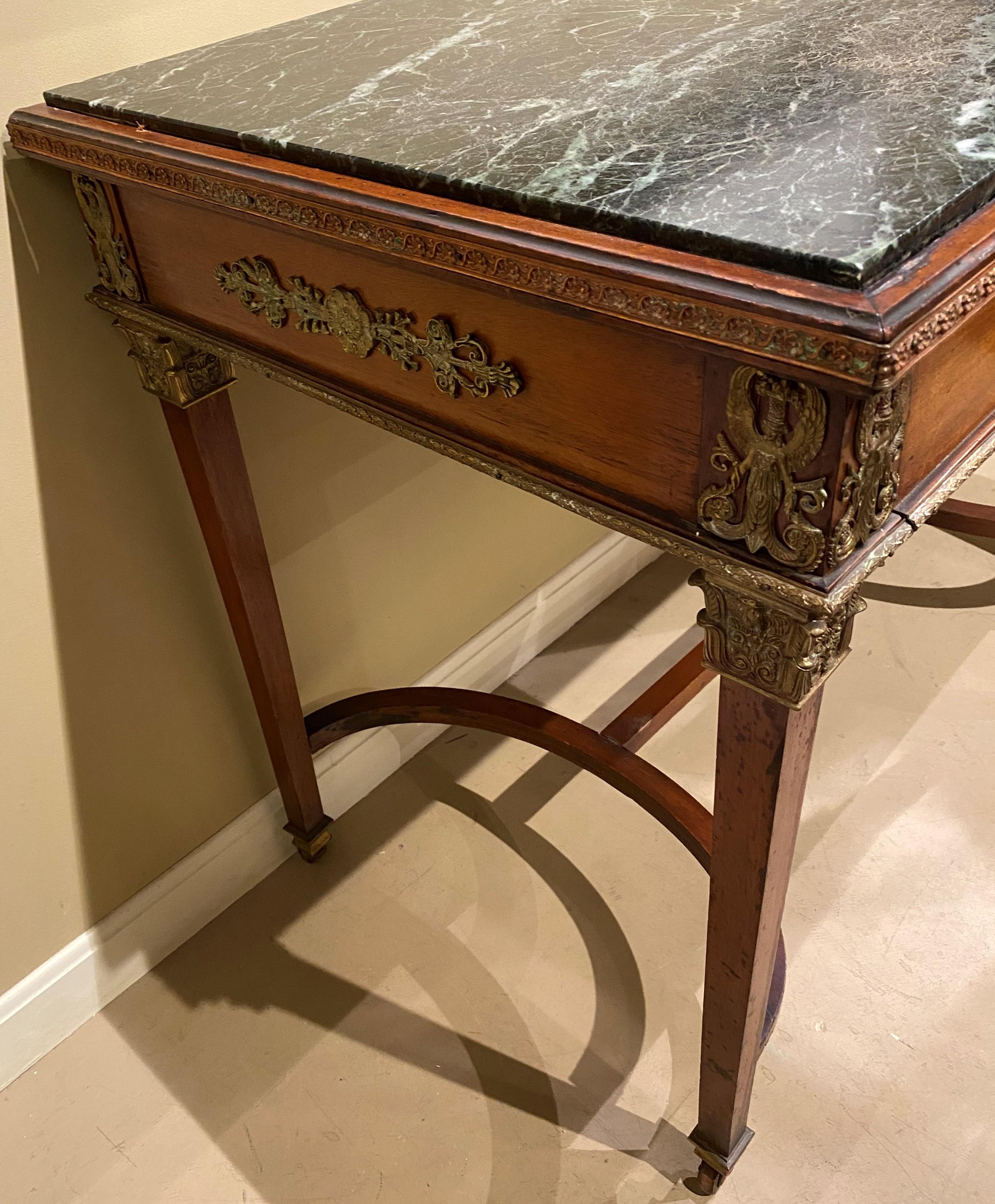 RJ Horner & Co French Marble Top One-Drawer Writing Table with Ormolu In Good Condition For Sale In Milford, NH