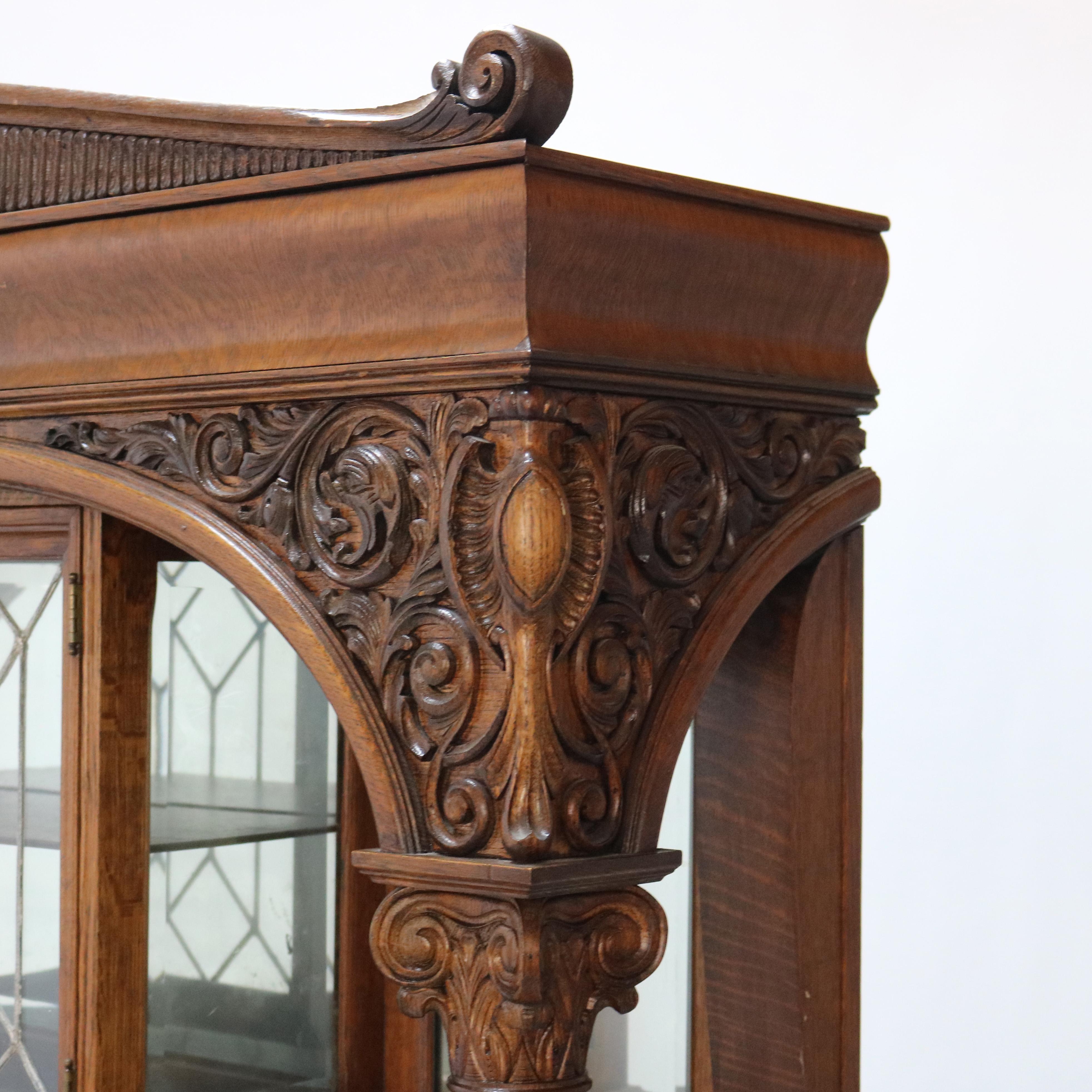 RJ Horner Figural Carved Oak Mirrored Sideboard with Leaded Glass c1910 7