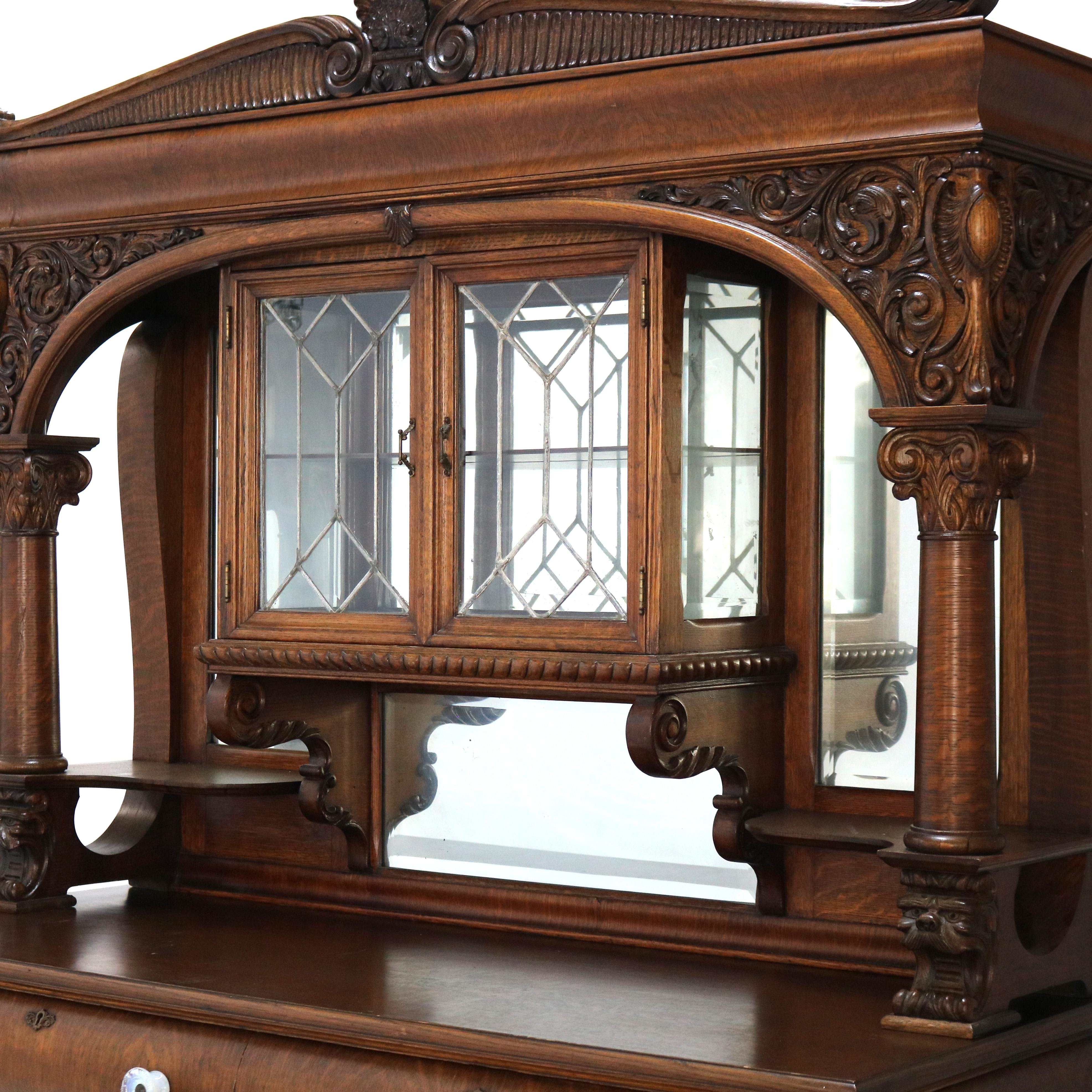 RJ Horner Figural Carved Oak Mirrored Sideboard with Leaded Glass c1910 8
