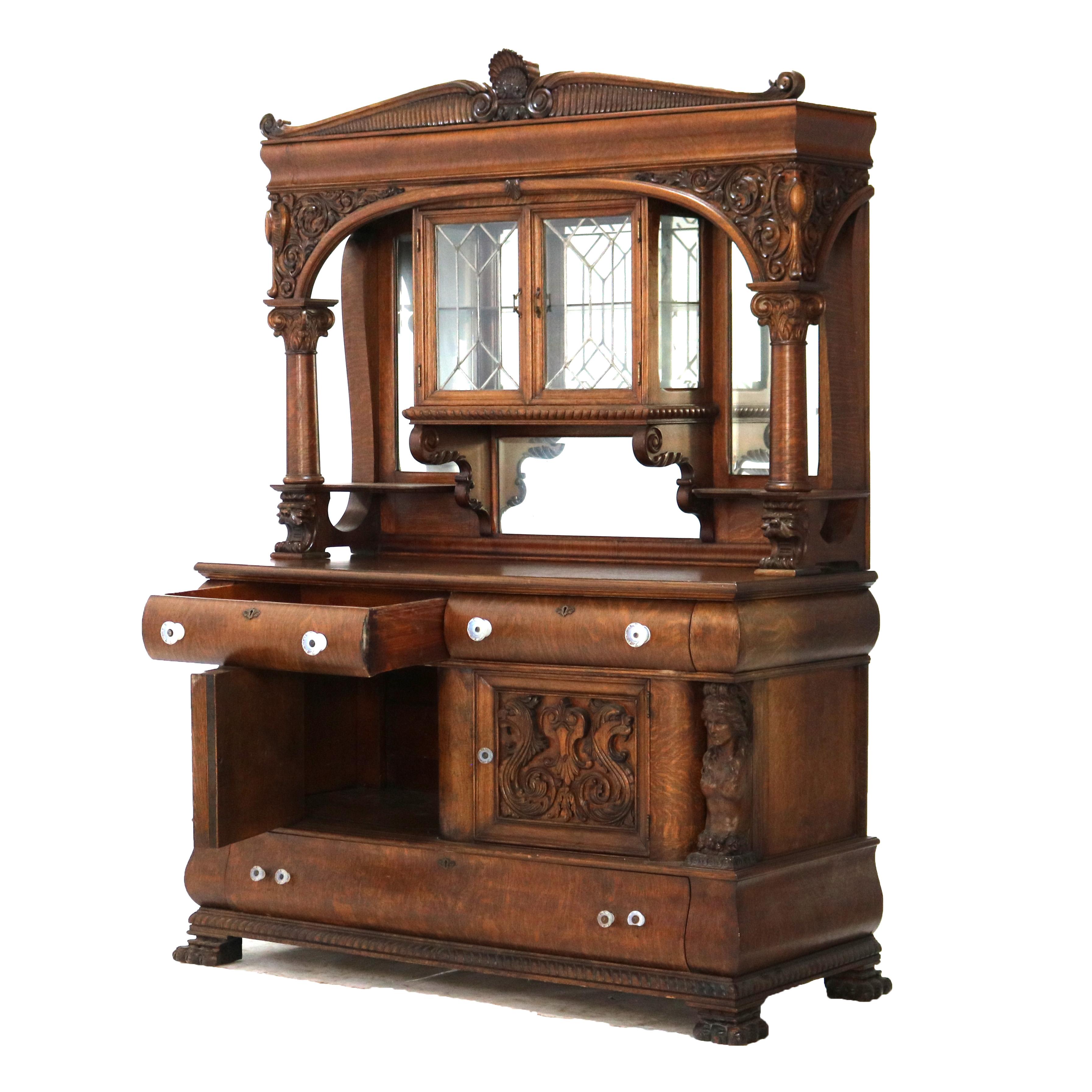 RJ Horner Figural Carved Oak Mirrored Sideboard with Leaded Glass c1910 9