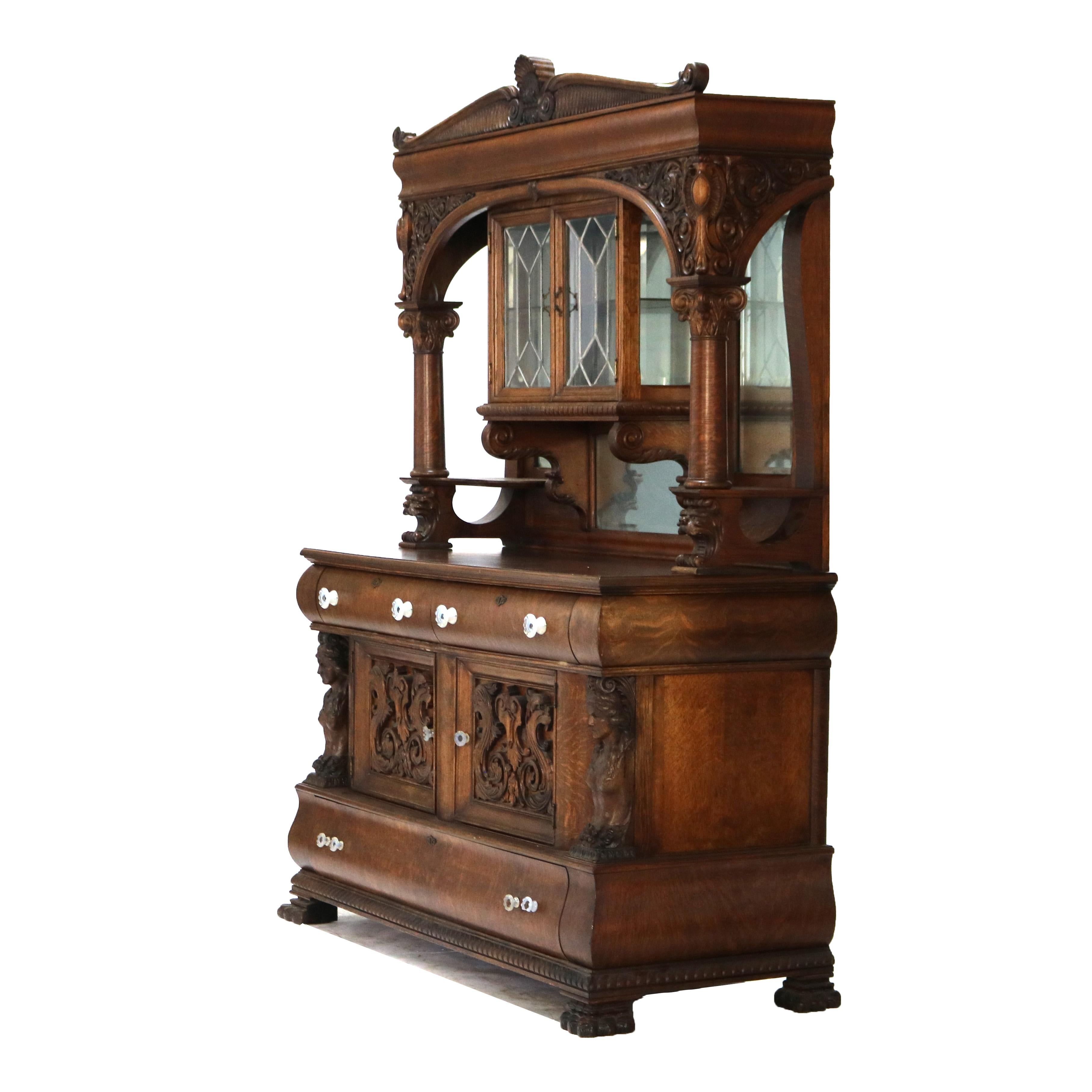 RJ Horner Figural Carved Oak Mirrored Sideboard with Leaded Glass c1910 12