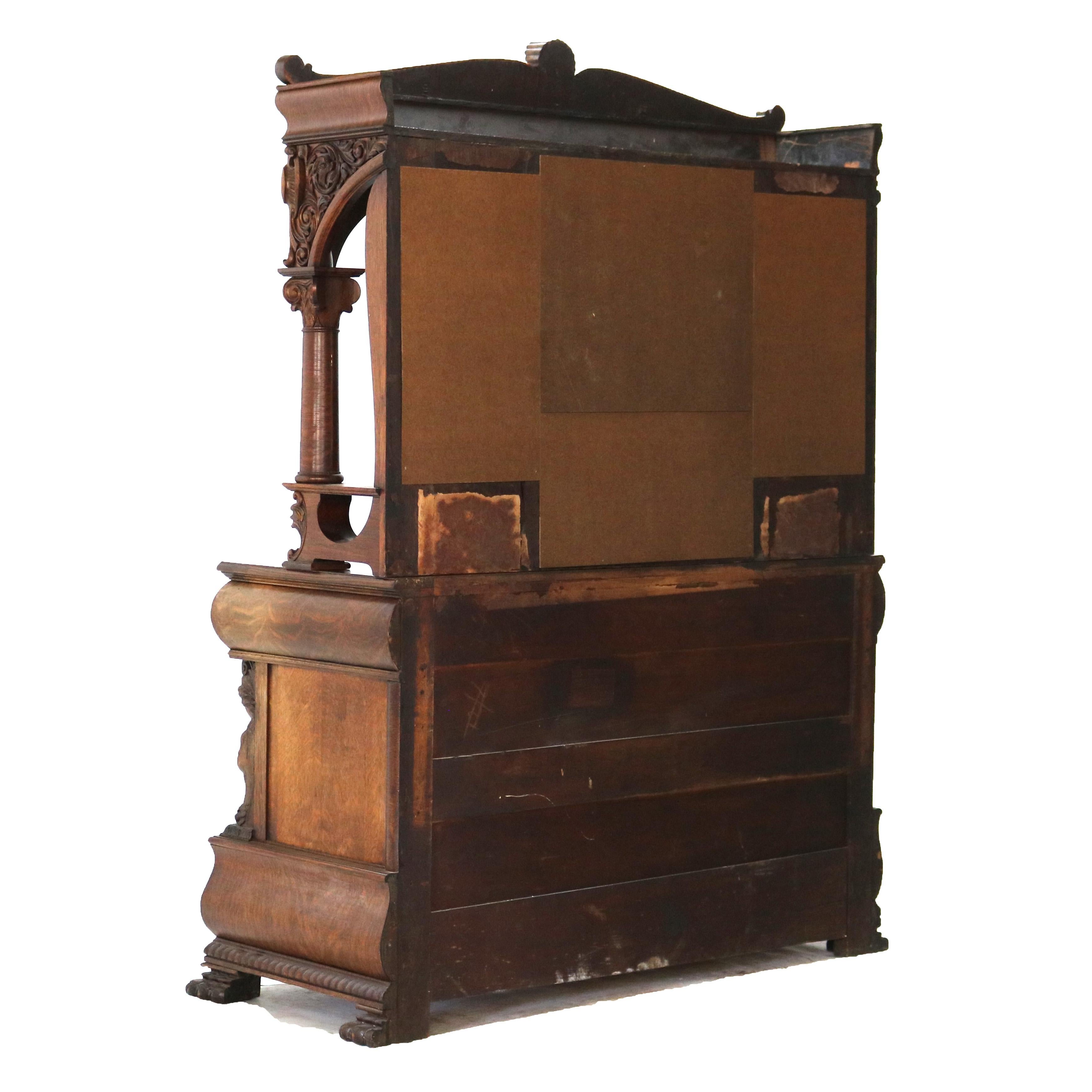 RJ Horner Figural Carved Oak Mirrored Sideboard with Leaded Glass c1910 13