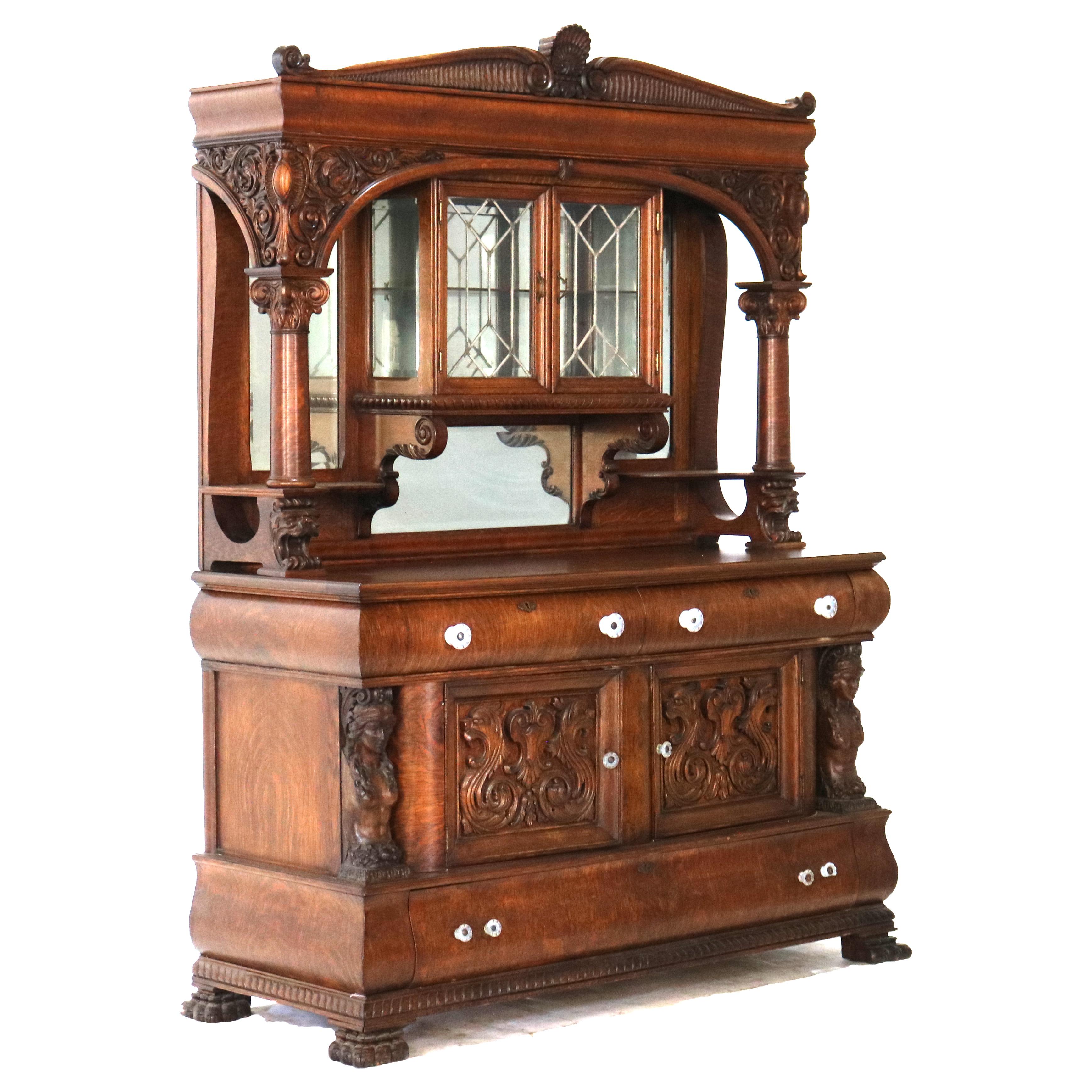 RJ Horner Figural Carved Oak Mirrored Sideboard with Leaded Glass c1910 16