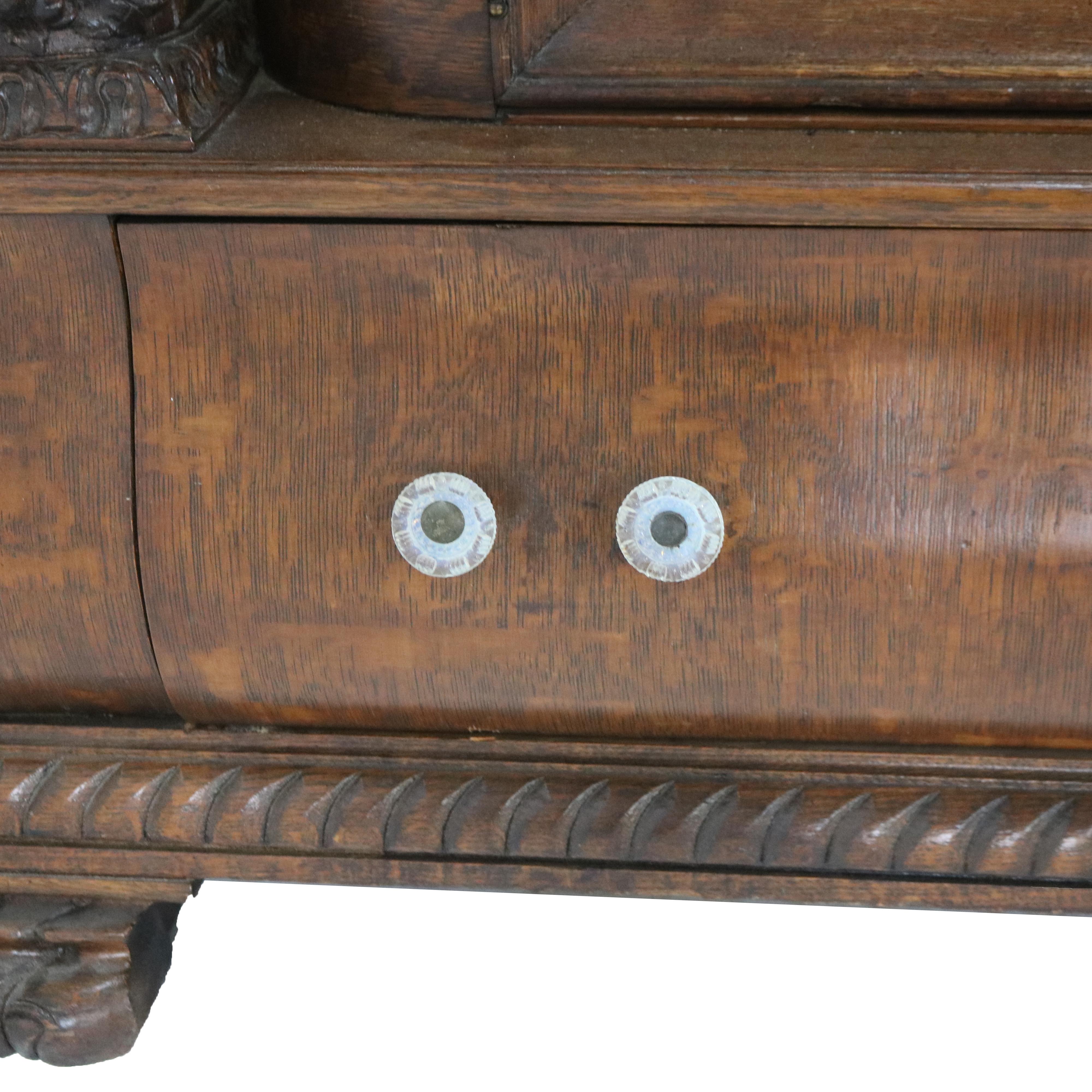 20th Century RJ Horner Figural Carved Oak Mirrored Sideboard with Leaded Glass c1910