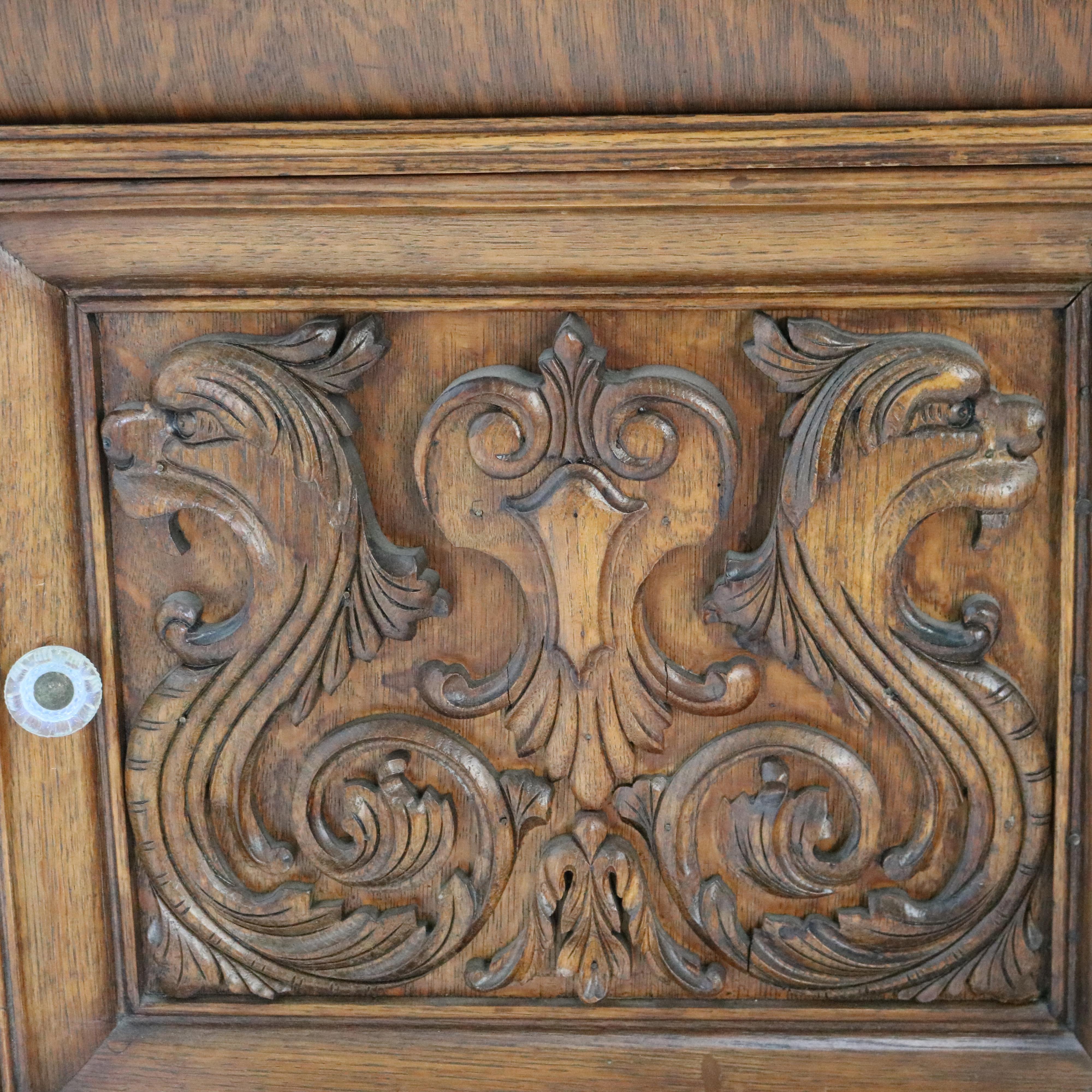 RJ Horner Figural Carved Oak Mirrored Sideboard with Leaded Glass c1910 2