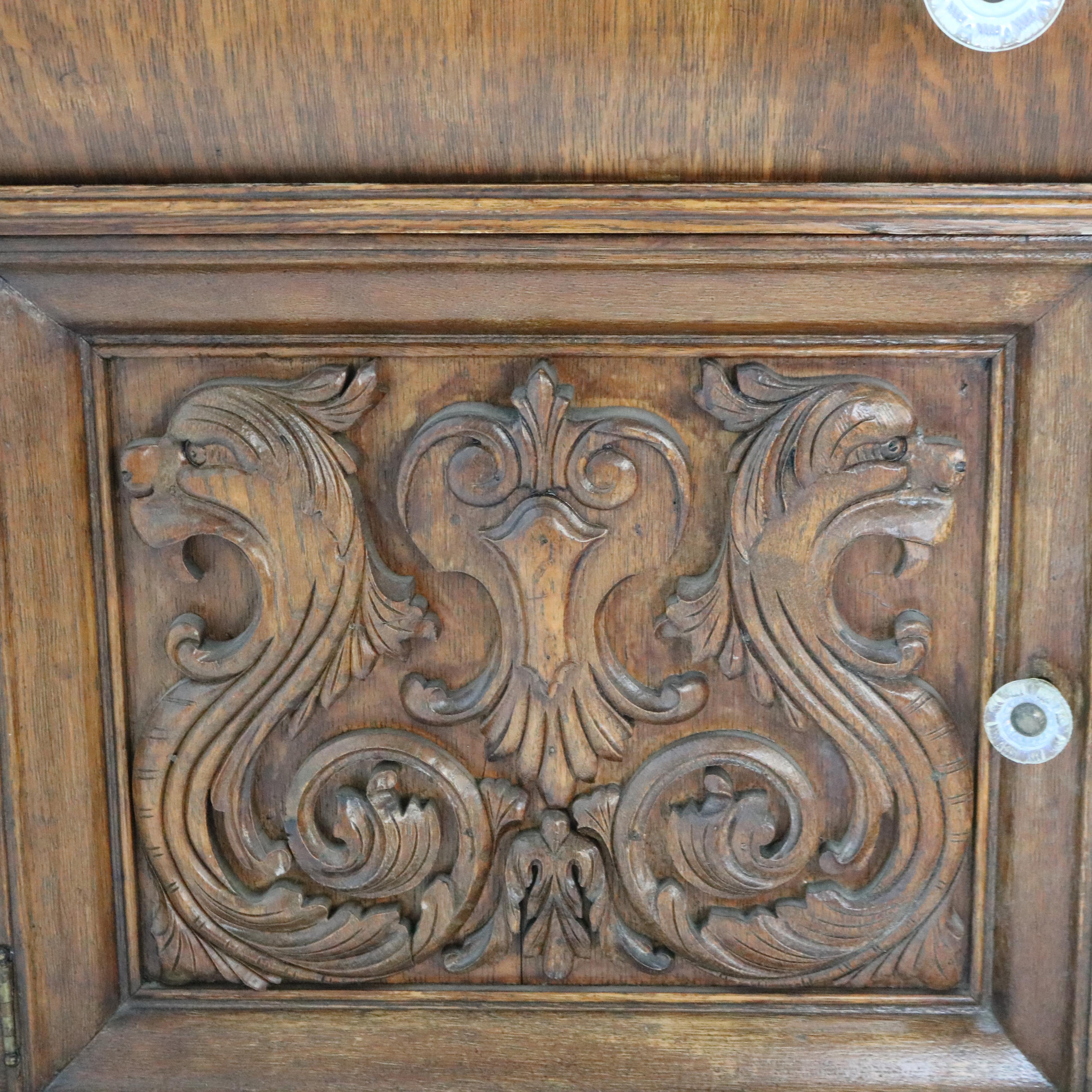 RJ Horner Figural Carved Oak Mirrored Sideboard with Leaded Glass c1910 3