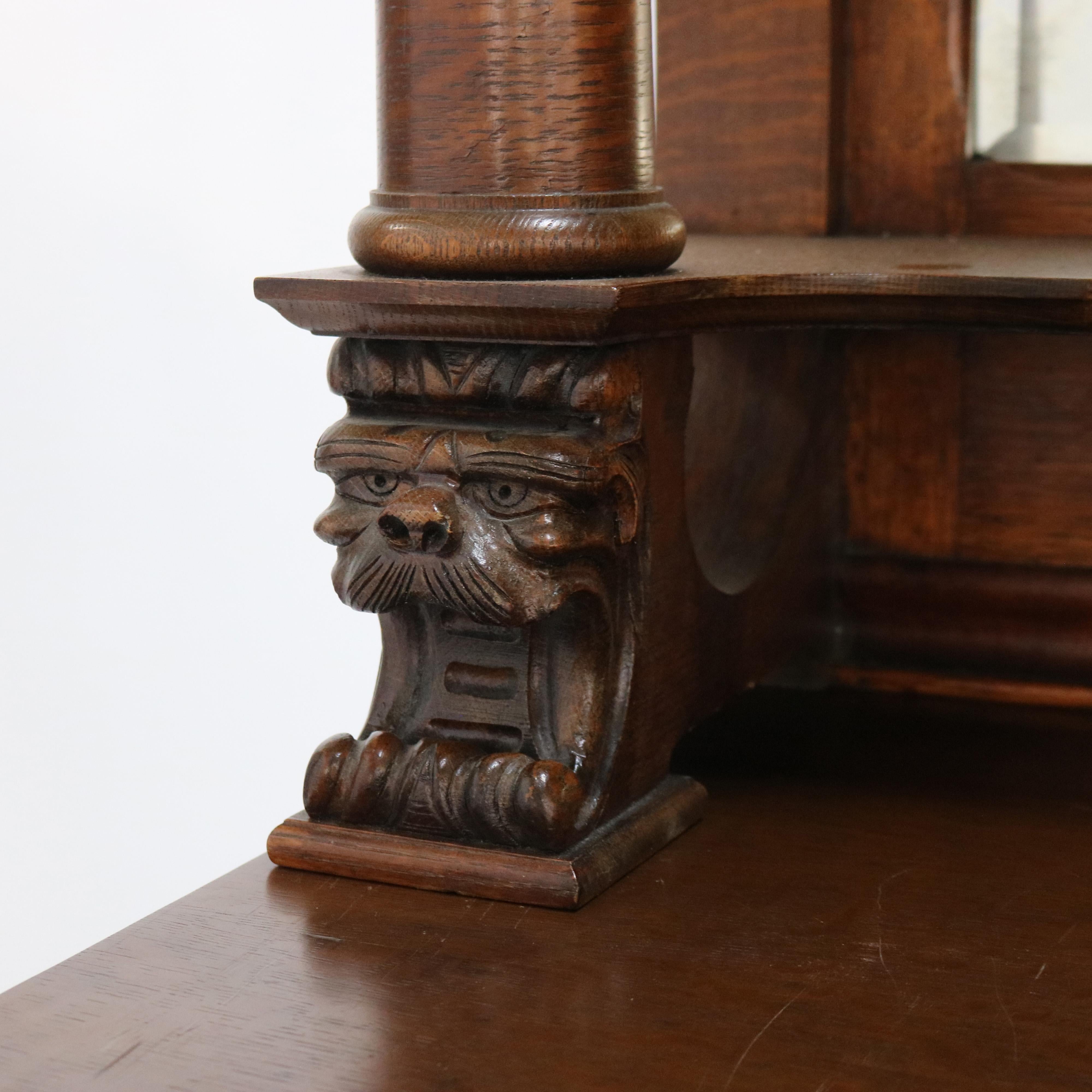 RJ Horner Figural Carved Oak Mirrored Sideboard with Leaded Glass c1910 4