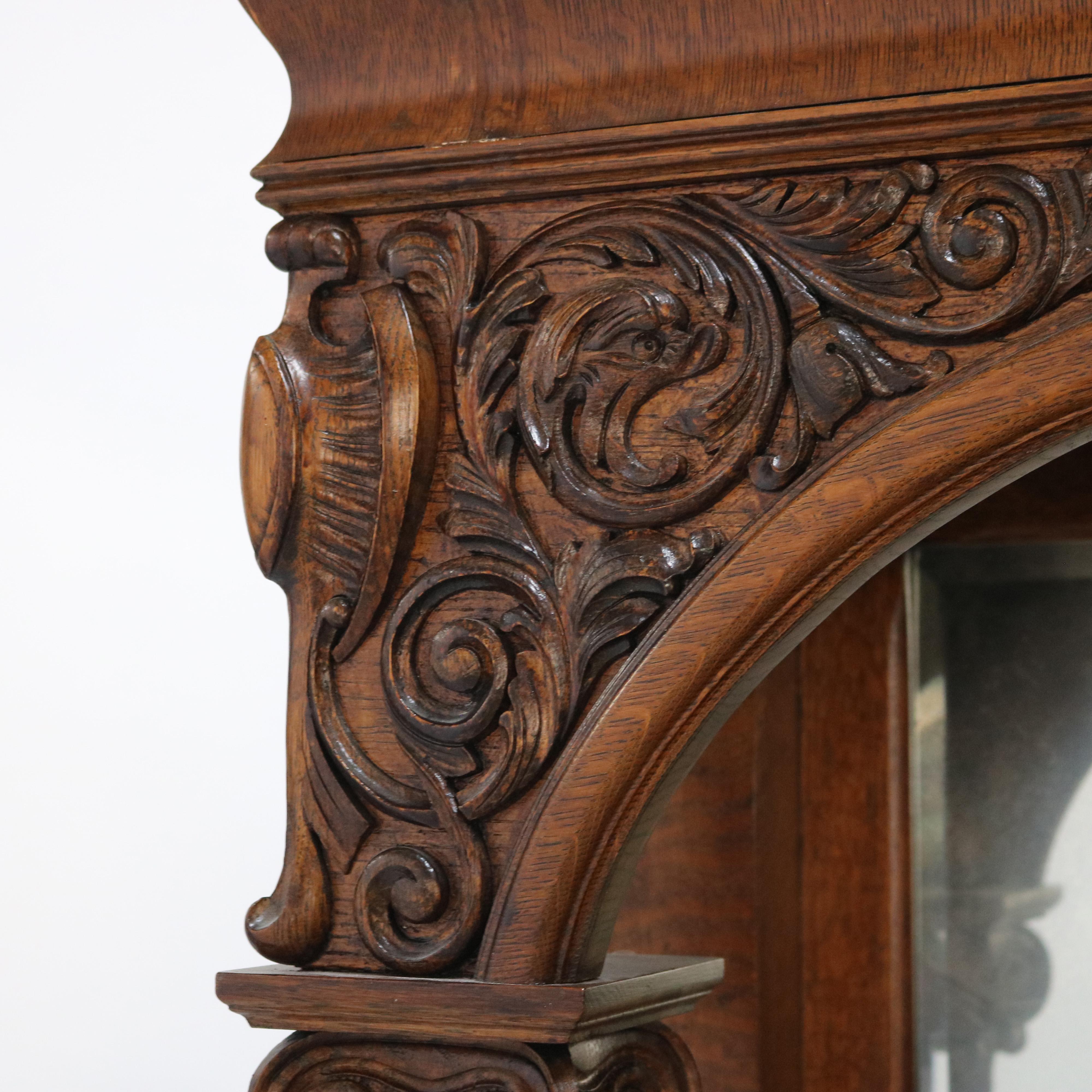RJ Horner Figural Carved Oak Mirrored Sideboard with Leaded Glass c1910 5