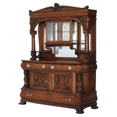 RJ Horner Figural Carved Oak Mirrored Sideboard with Leaded Glass c1910