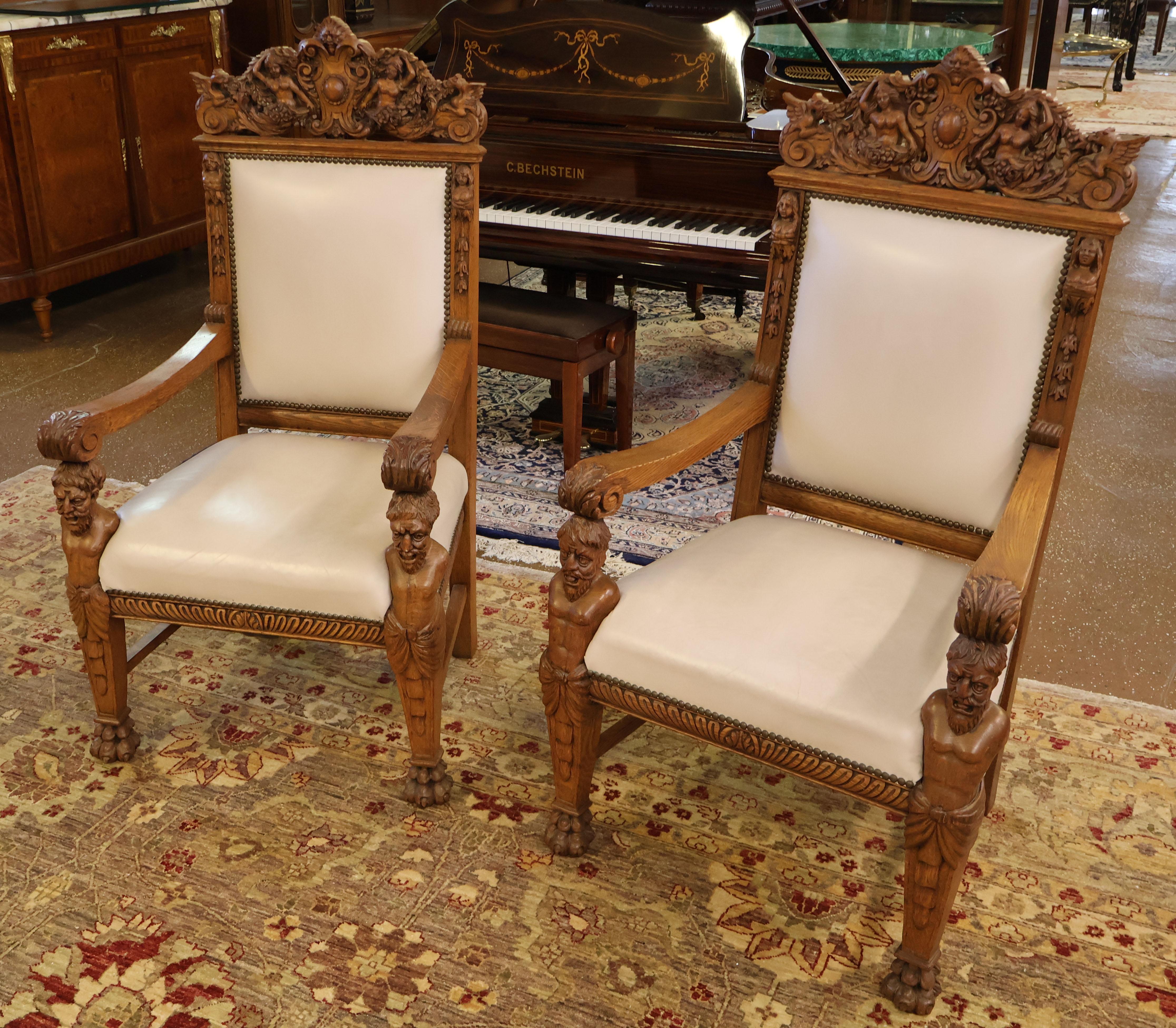 Victorian RJ Horner Oak Man Of The Mountain Renaissance Revival Arm Chairs For Sale
