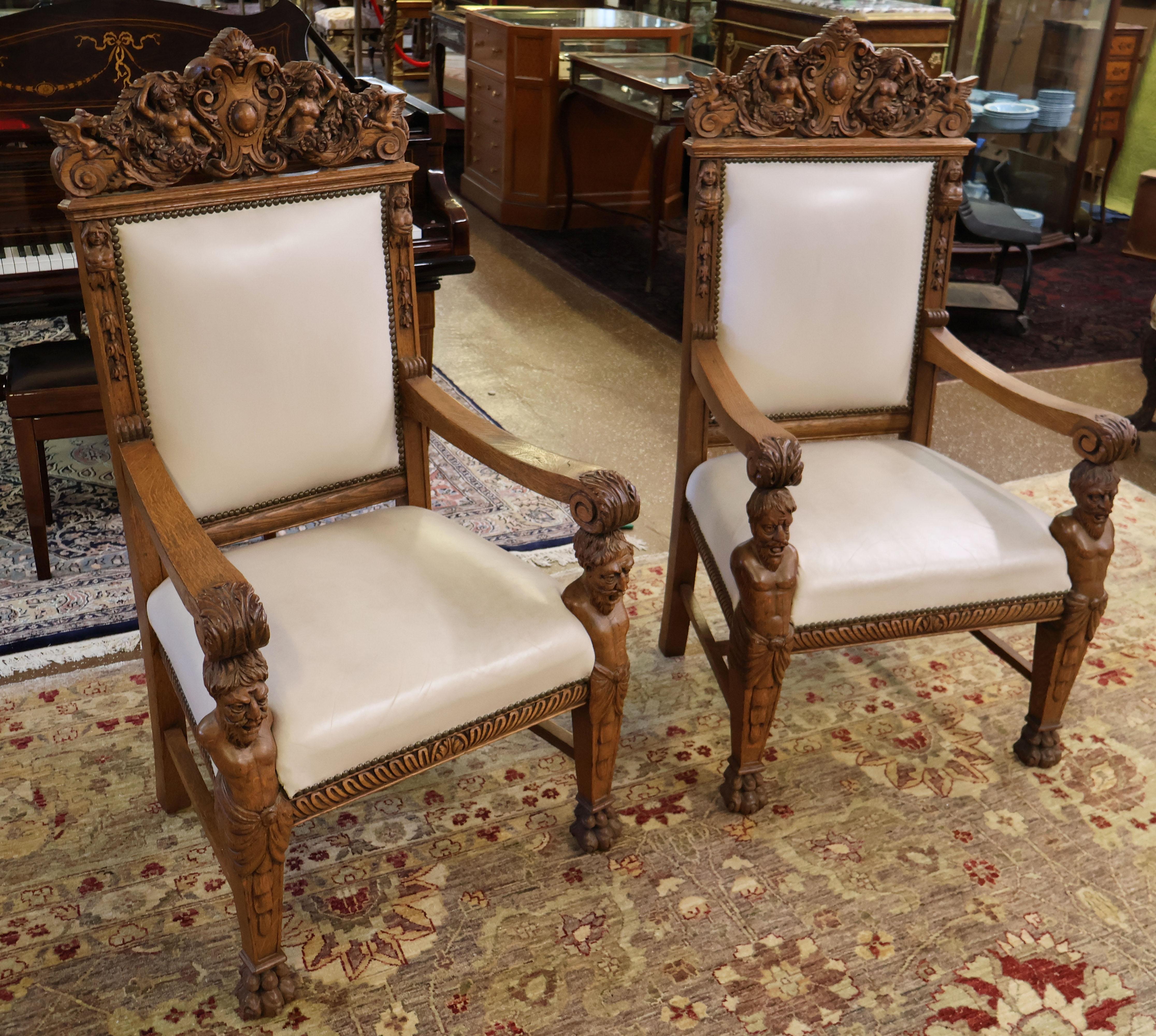 American RJ Horner Oak Man Of The Mountain Renaissance Revival Arm Chairs For Sale
