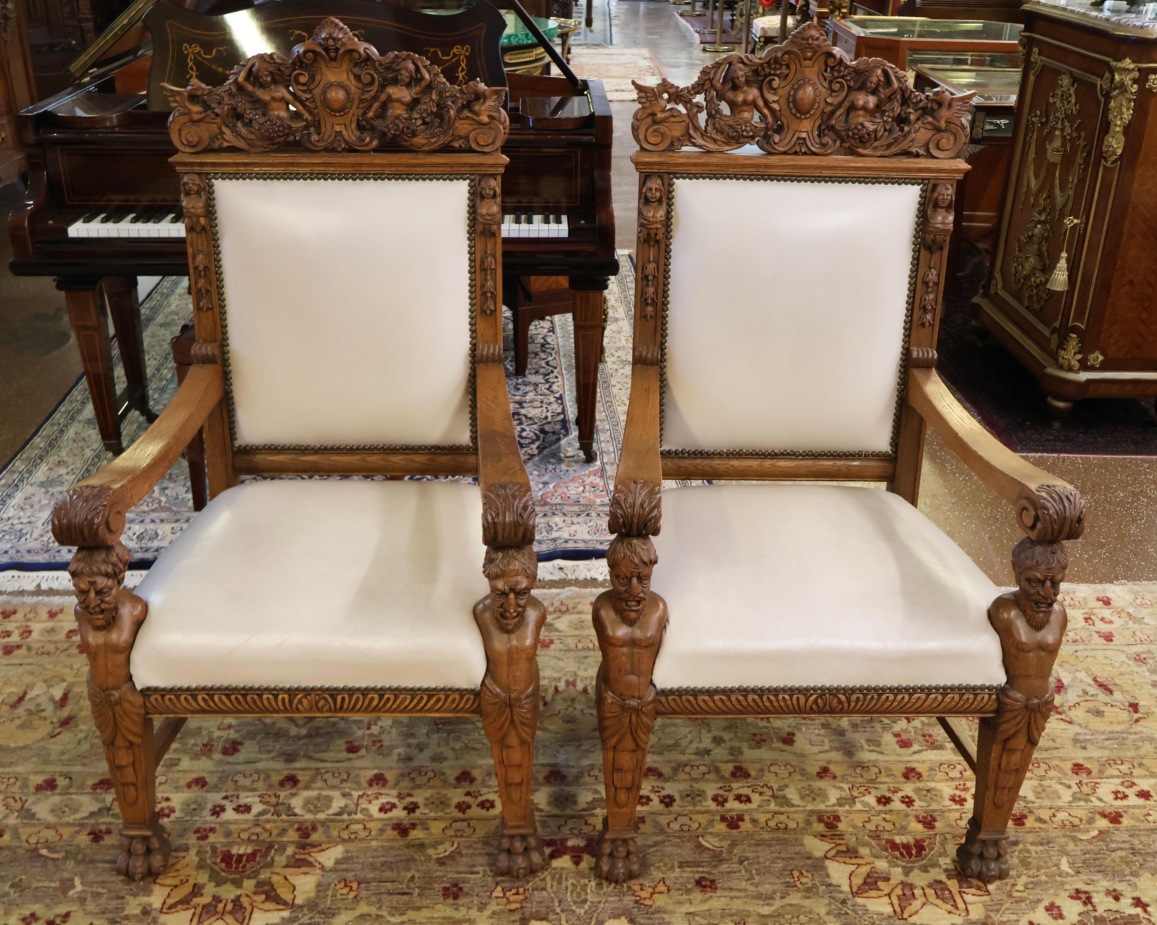 Hand-Carved RJ Horner Oak Man Of The Mountain Renaissance Revival Arm Chairs For Sale