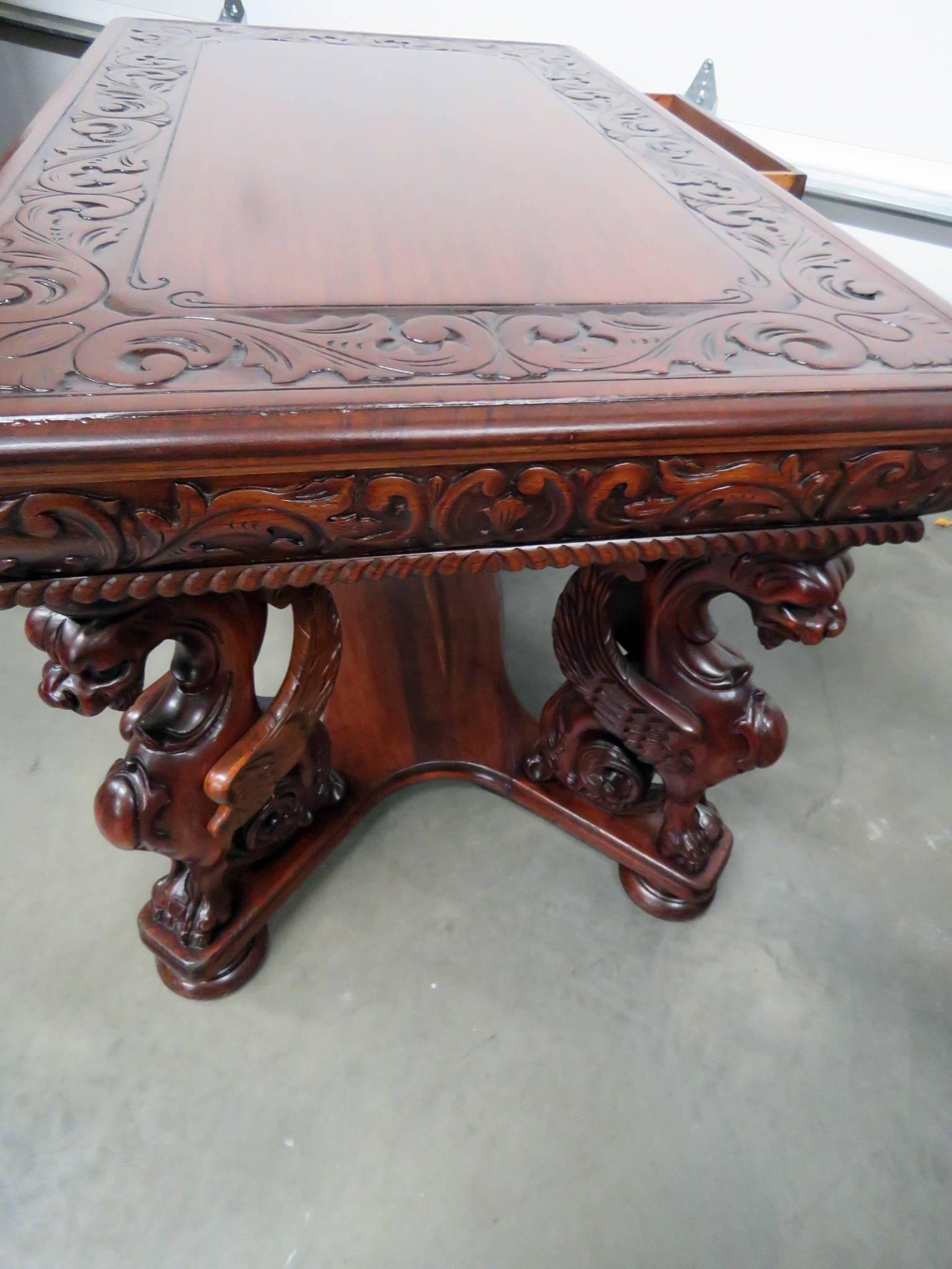 American Carved Mahogany RJ Horner Renaissance Style Winged Griffin Writing Table or Desk