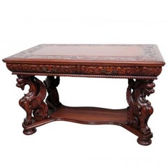 Antique Carved Mahogany RJ Horner Renaissance Style Winged Griffin Writing Table or Desk