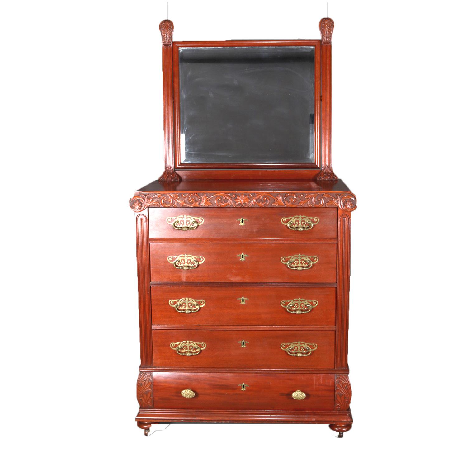 Antique R. J. Horner Bros. School high chest features mahogany construction with mirror over chest with carved scrolled foliate frieze above five long drawers, the lower being convex and flanked by carved acanthus, circa 1900.

Measures - 79