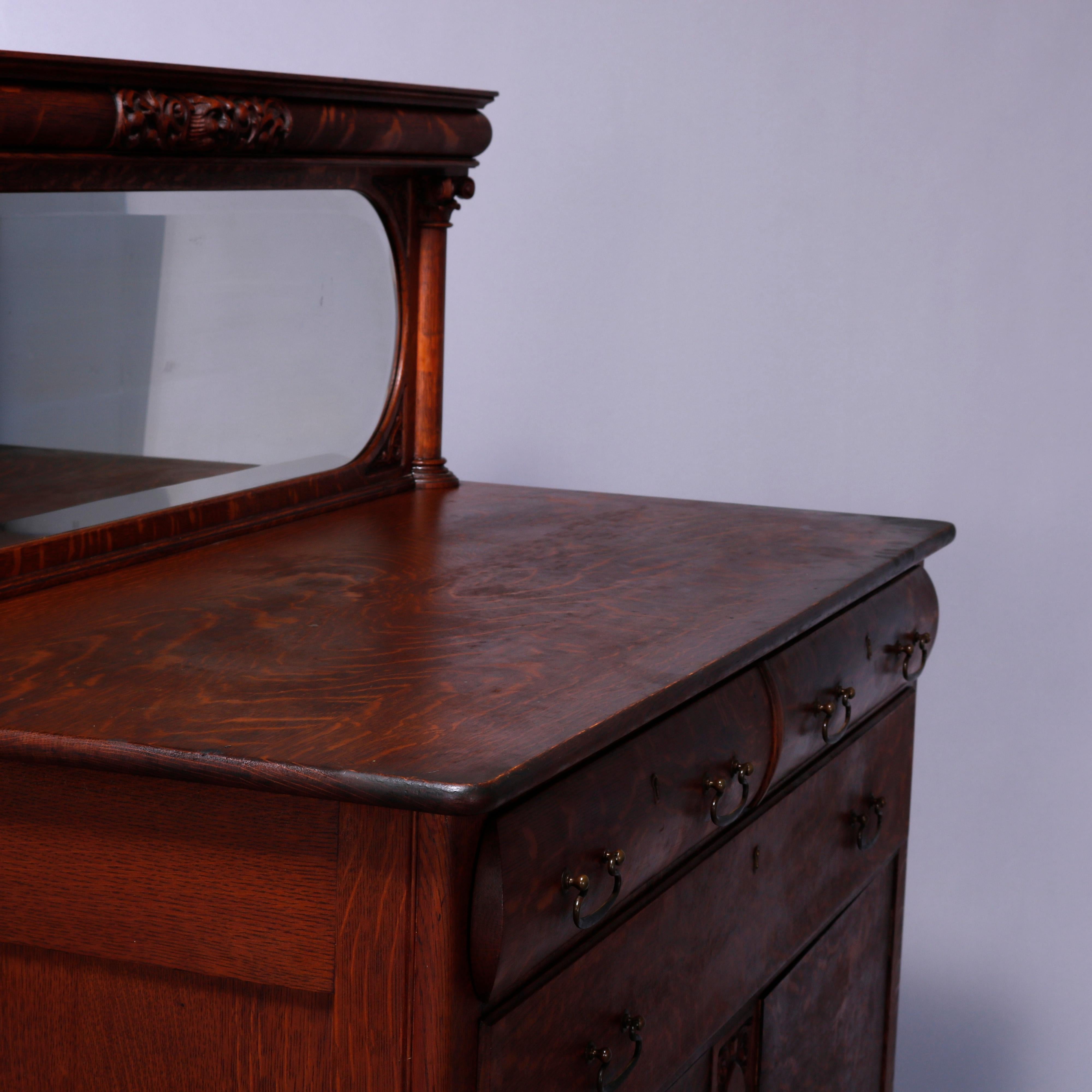 RJ Horner School Quarter Sawn Oak Figural Carved Mirrored Sideboard, c1900 In Good Condition In Big Flats, NY
