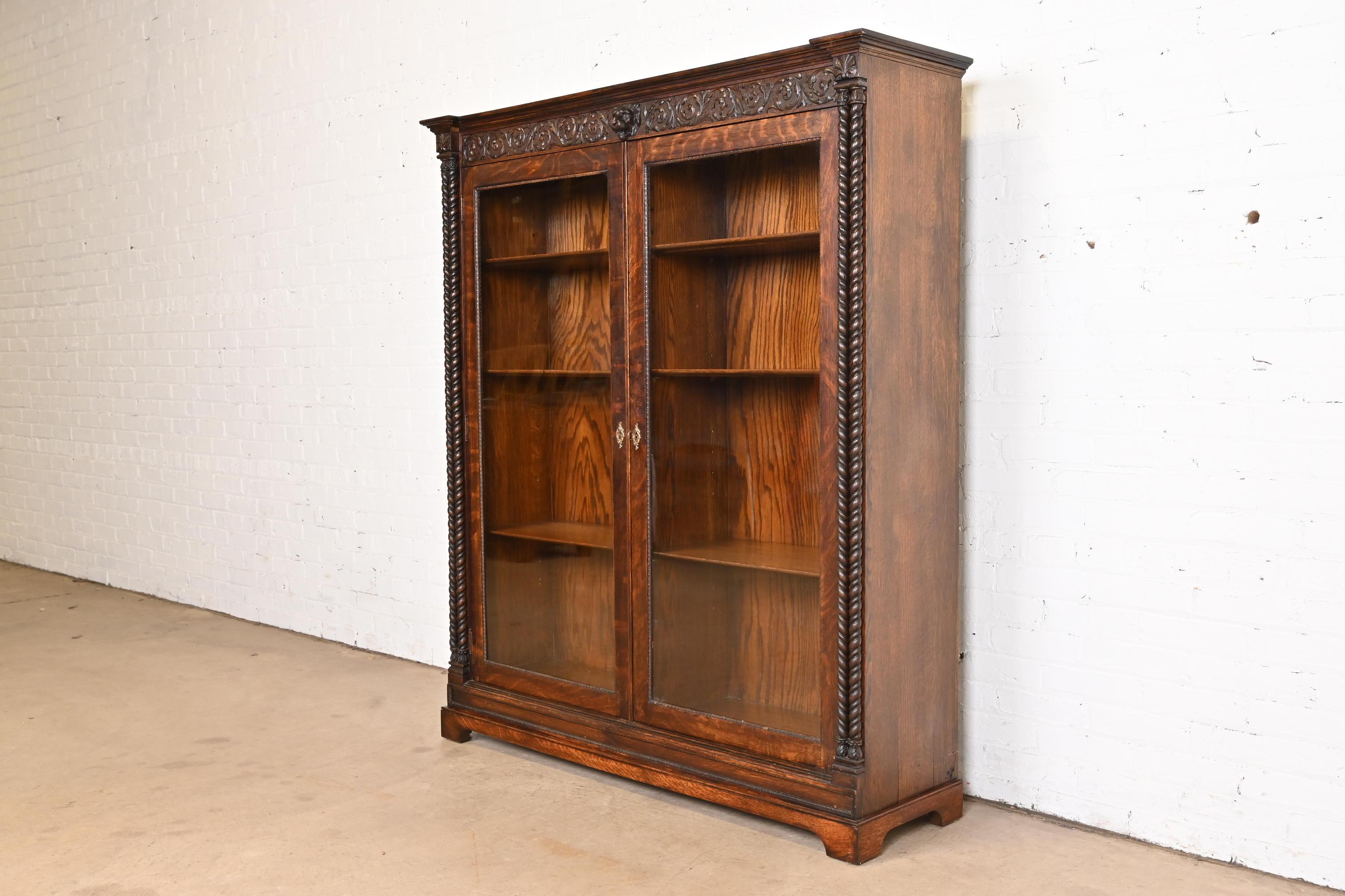 R.J. Horner Style American Empire Carved Oak Double Bookcase, Circa 1890 In Good Condition In South Bend, IN
