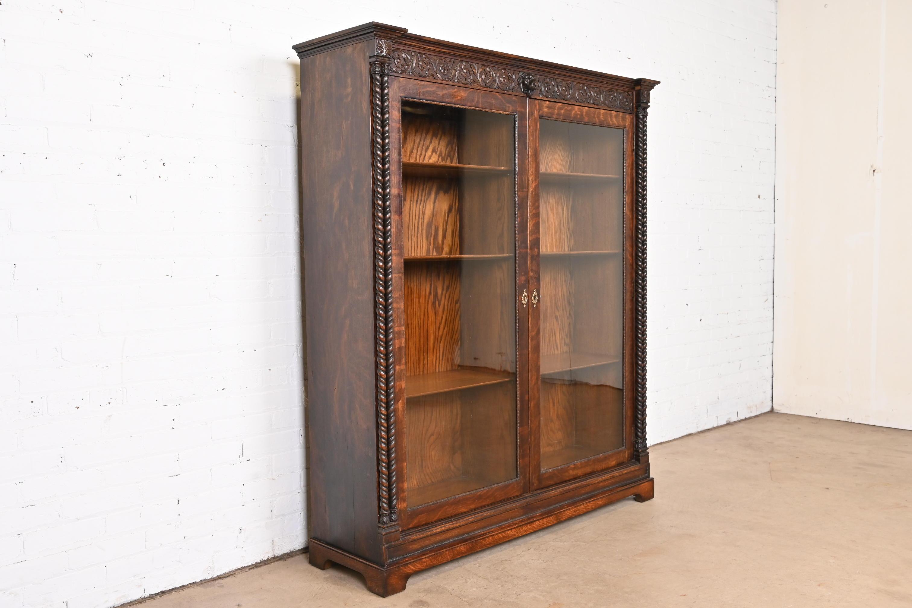 19th Century R.J. Horner Style American Empire Carved Oak Double Bookcase, Circa 1890