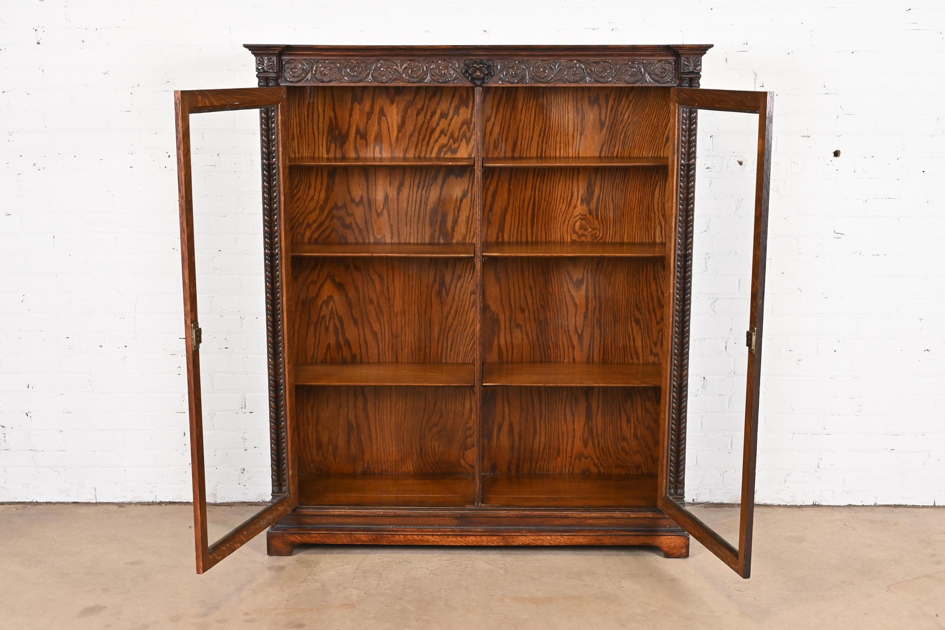 Brass R.J. Horner Style American Empire Carved Oak Double Bookcase, Circa 1890