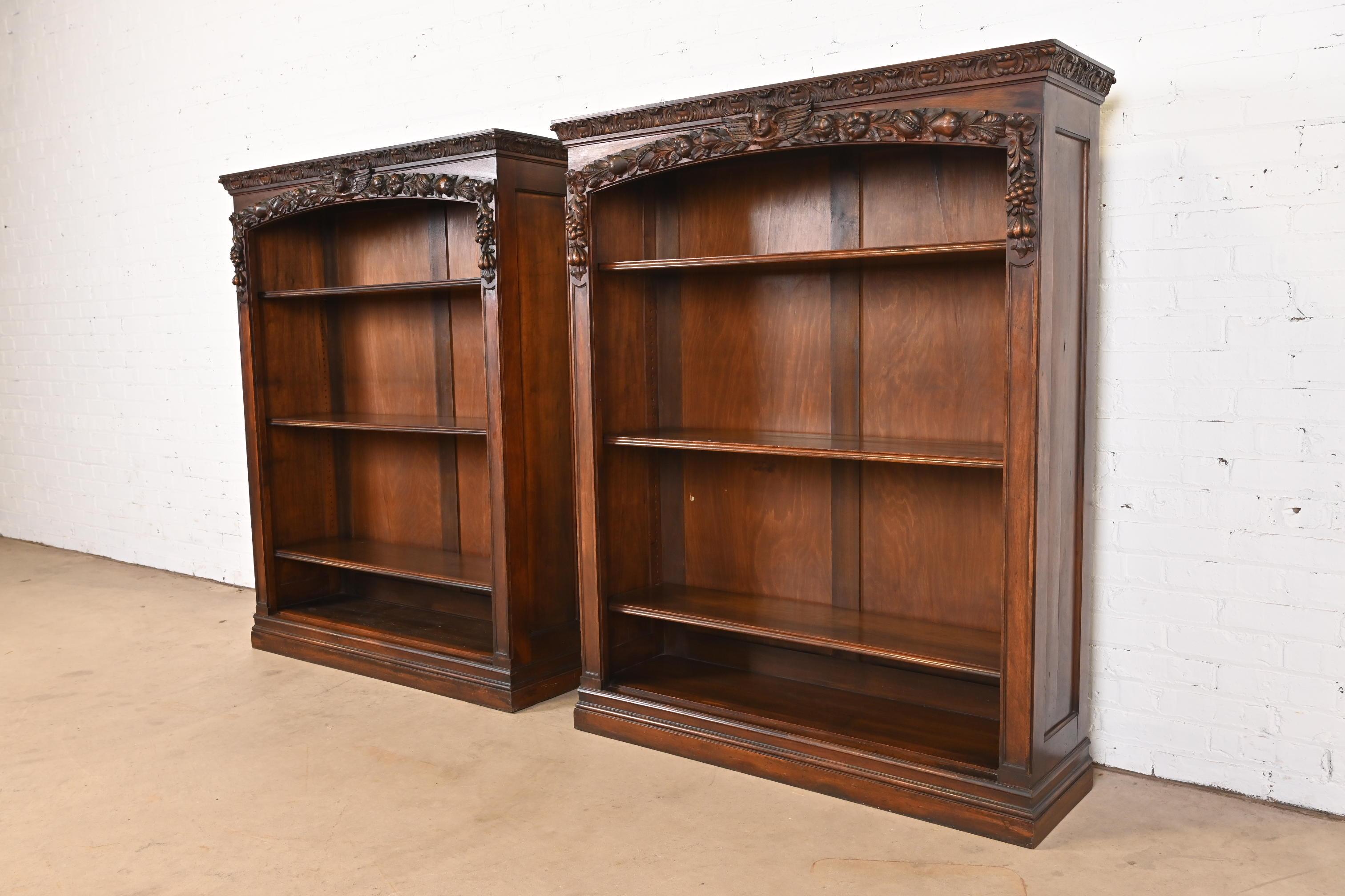 American R.J. Horner Style Antique Victorian Renaissance Revival Carved Walnut Bookcases For Sale