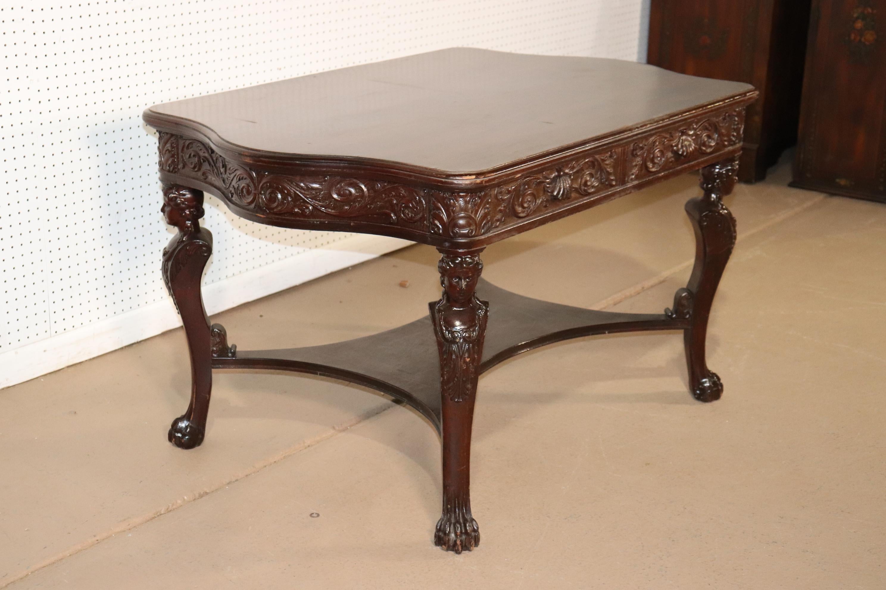 RJ Horner Style Carved Maiden Figural Mahogany Partners Desk Writing Table For Sale 8