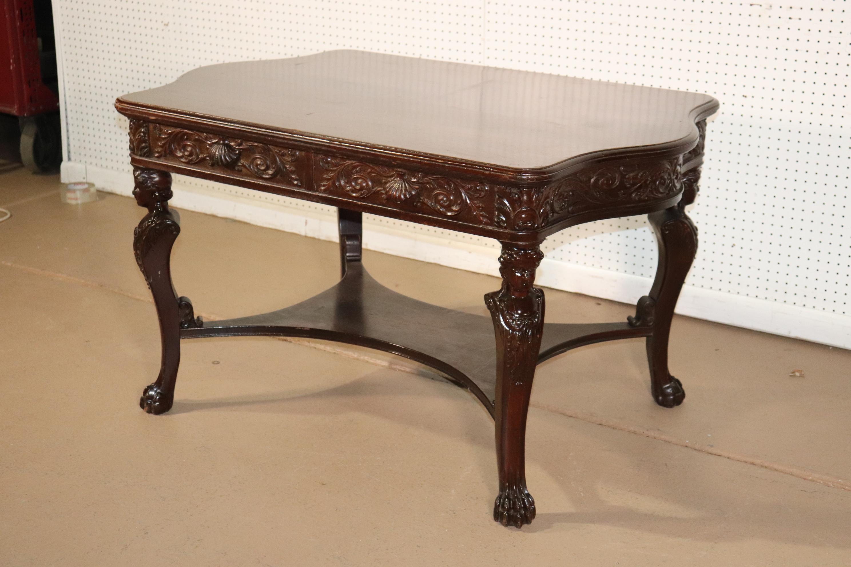 RJ Horner Style Carved Maiden Figural Mahogany Partners Desk Writing Table For Sale 9