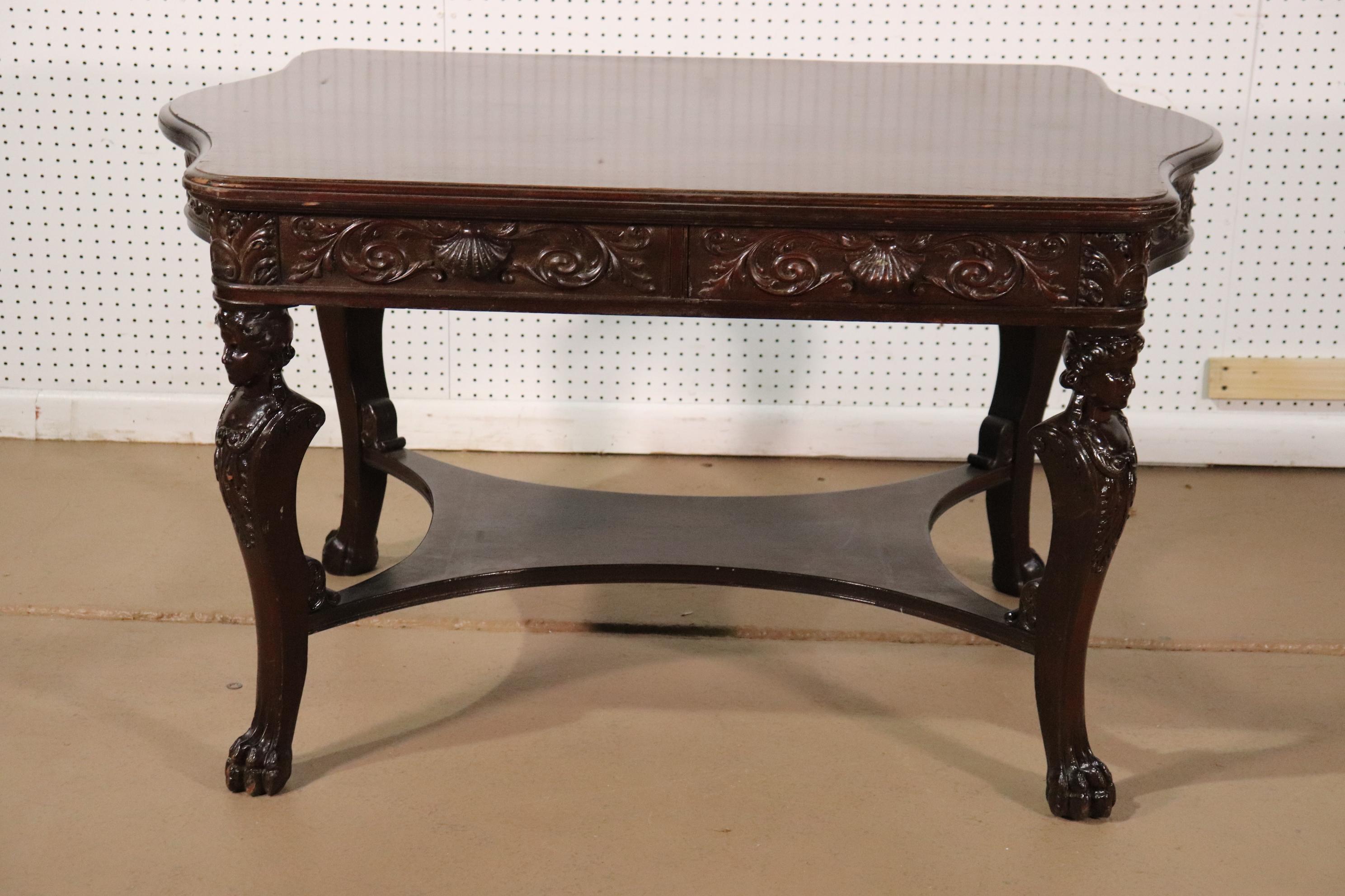 Late Victorian RJ Horner Style Carved Maiden Figural Mahogany Partners Desk Writing Table For Sale