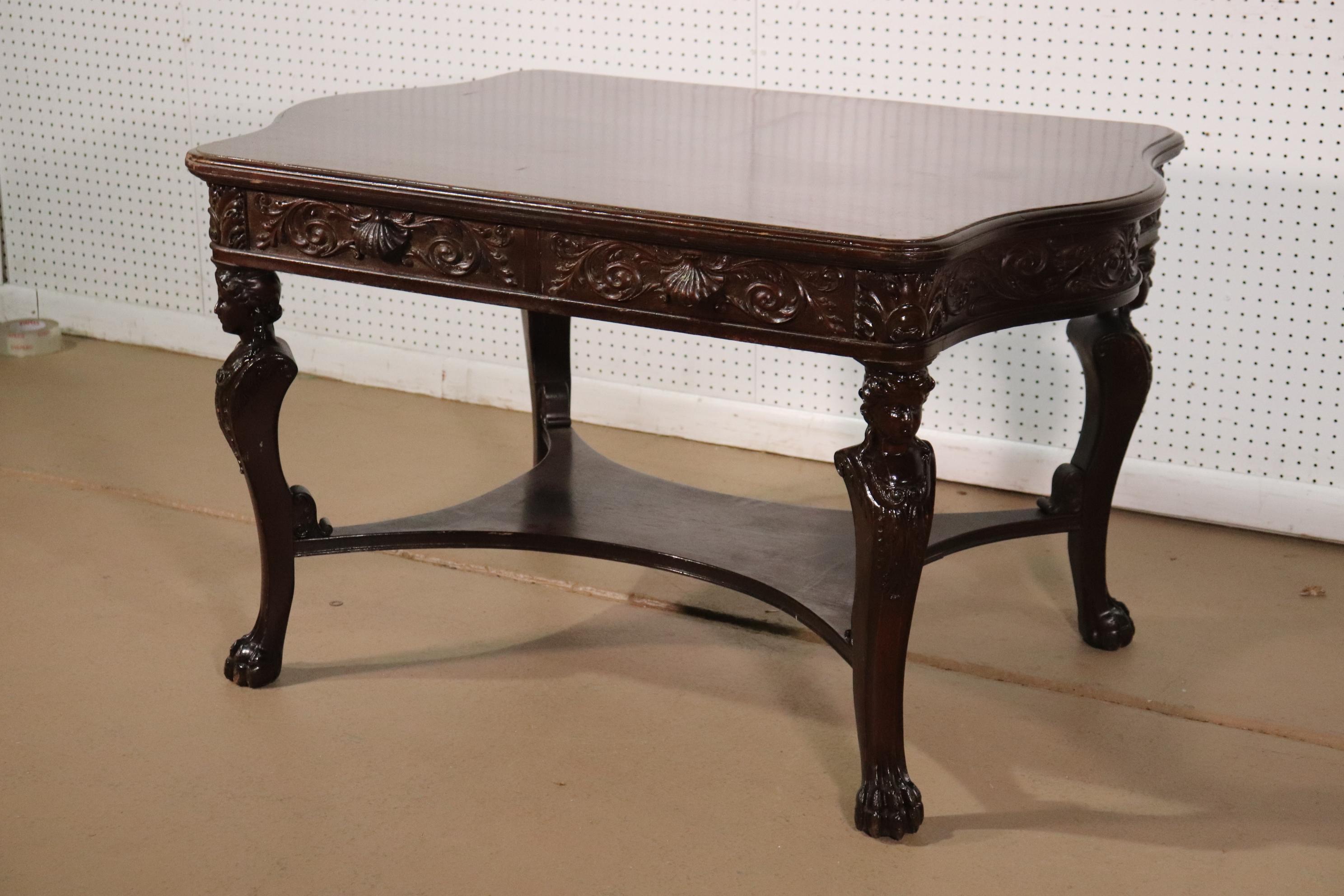 American RJ Horner Style Carved Maiden Figural Mahogany Partners Desk Writing Table For Sale