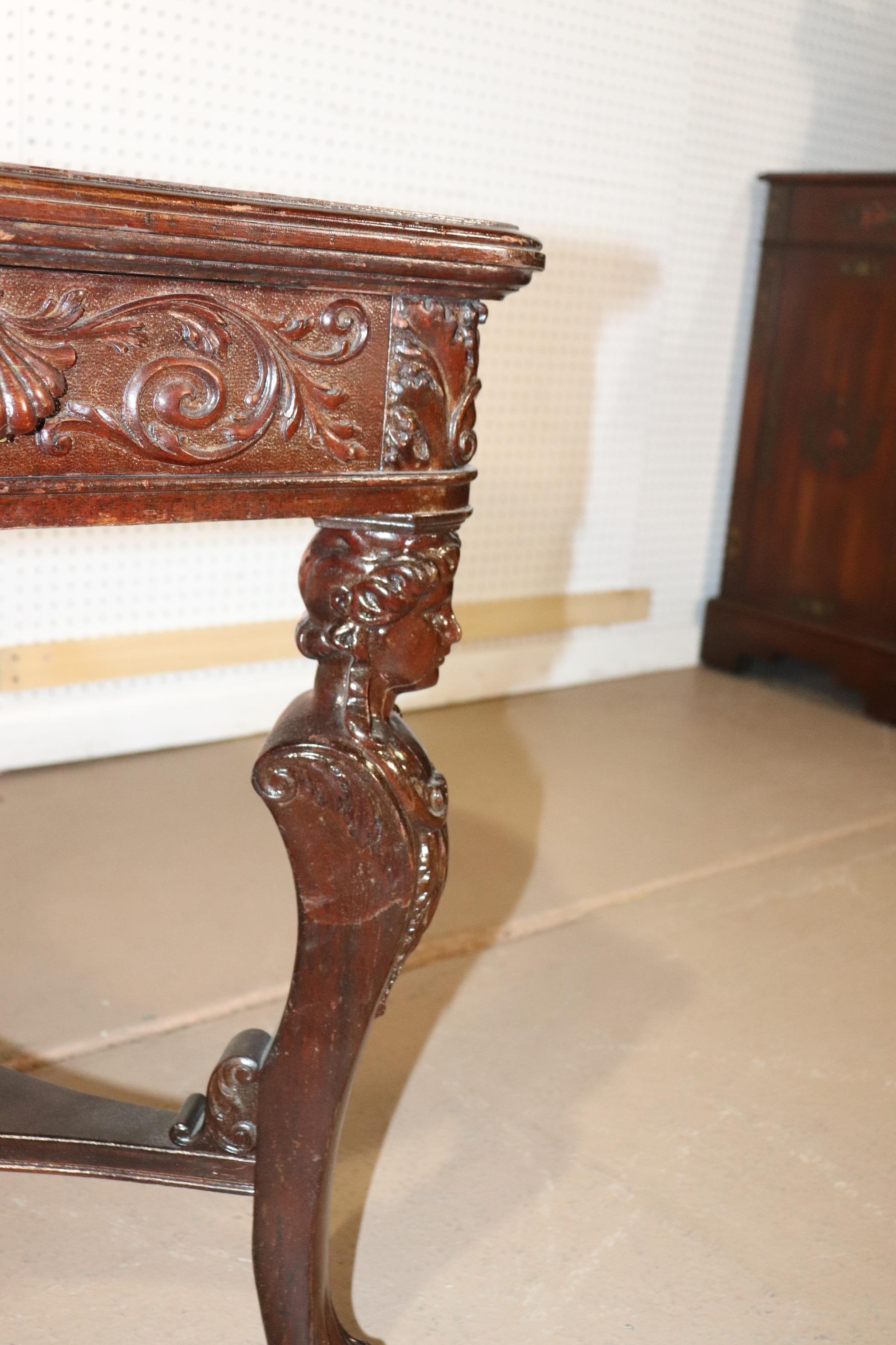 RJ Horner Style Carved Maiden Figural Mahogany Partners Desk Writing Table 1