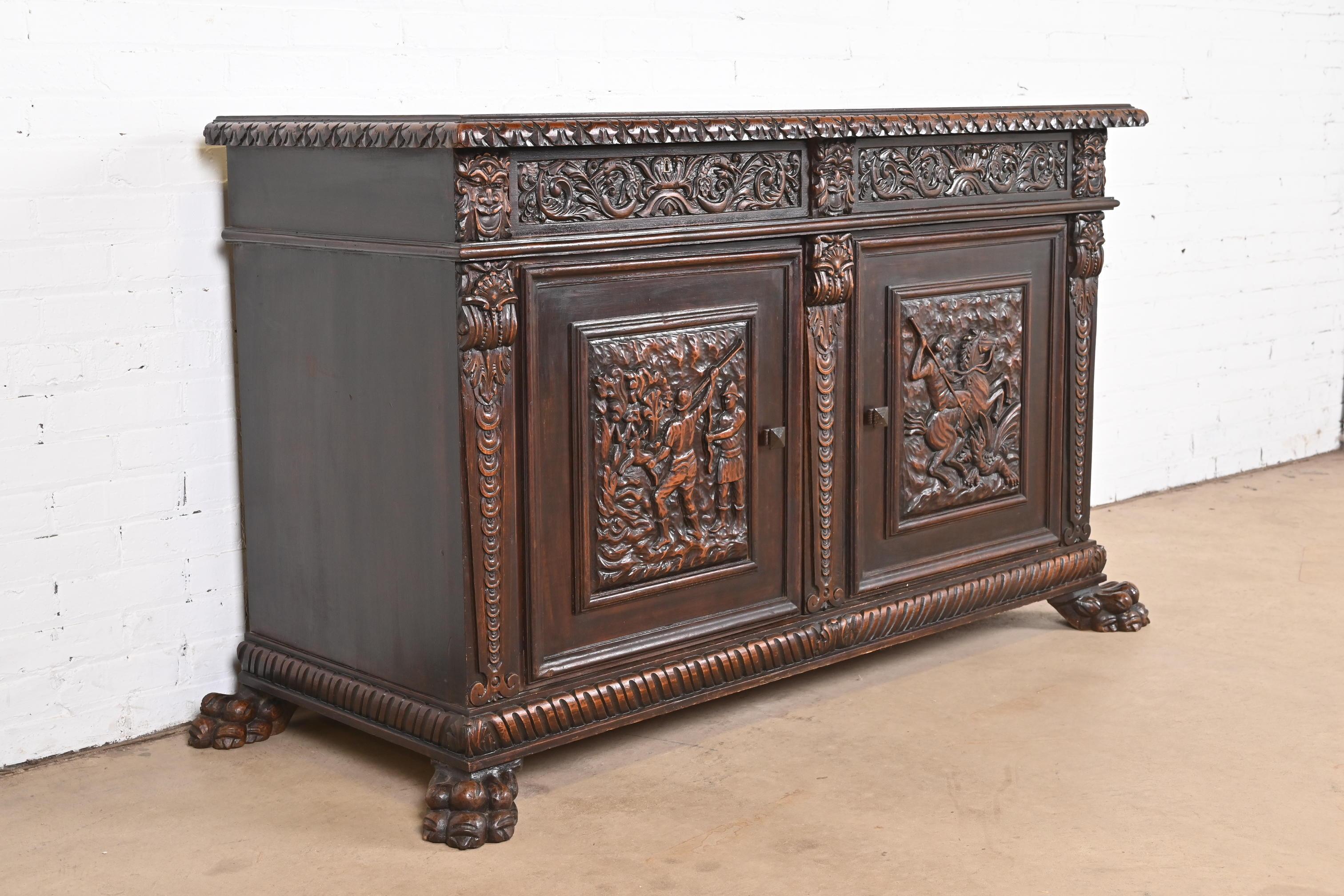 Romanian R.J. Horner Style Renaissance Revival Carved Walnut Sideboard or Bar Cabinet, C For Sale