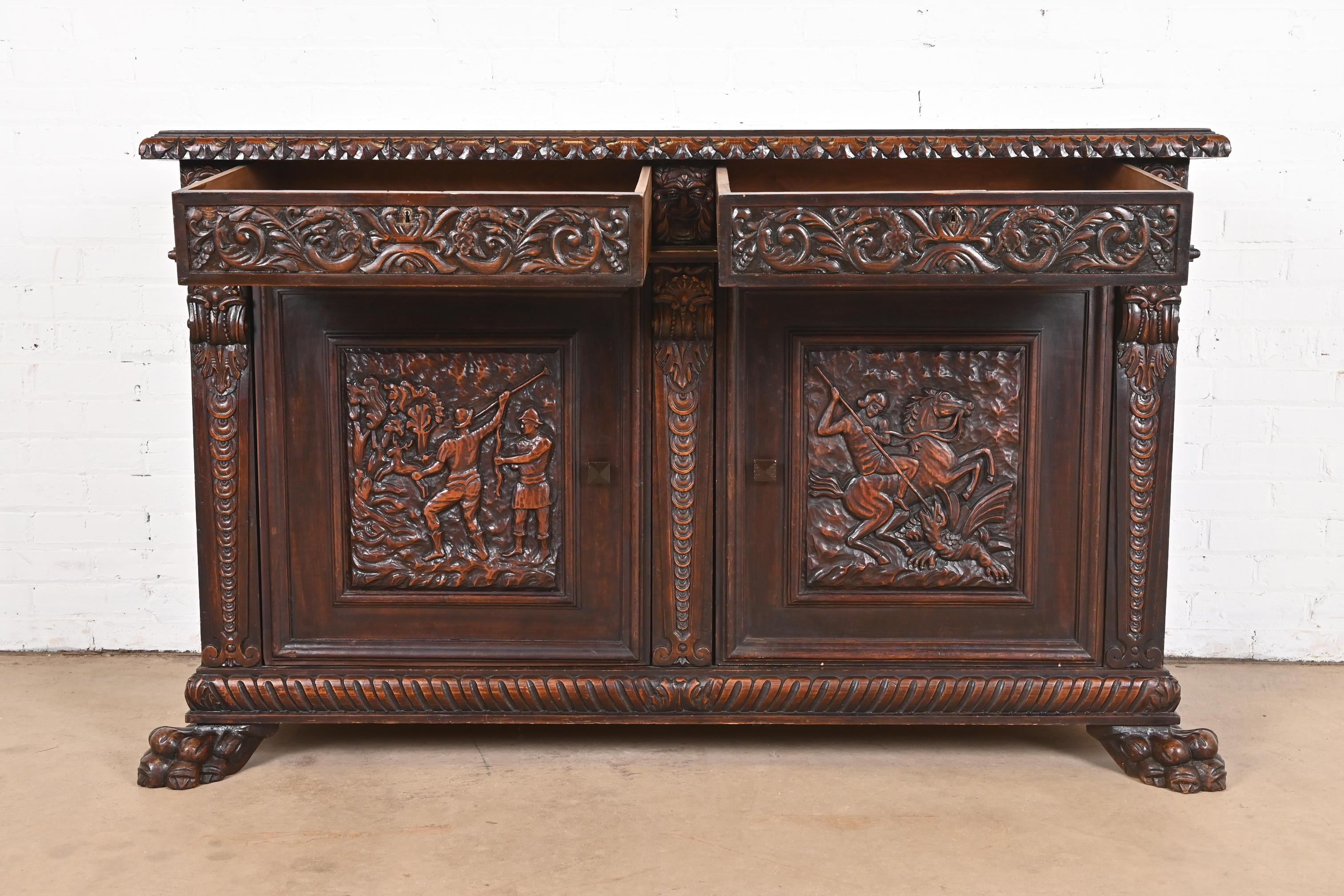 19th Century R.J. Horner Style Renaissance Revival Carved Walnut Sideboard or Bar Cabinet, C For Sale