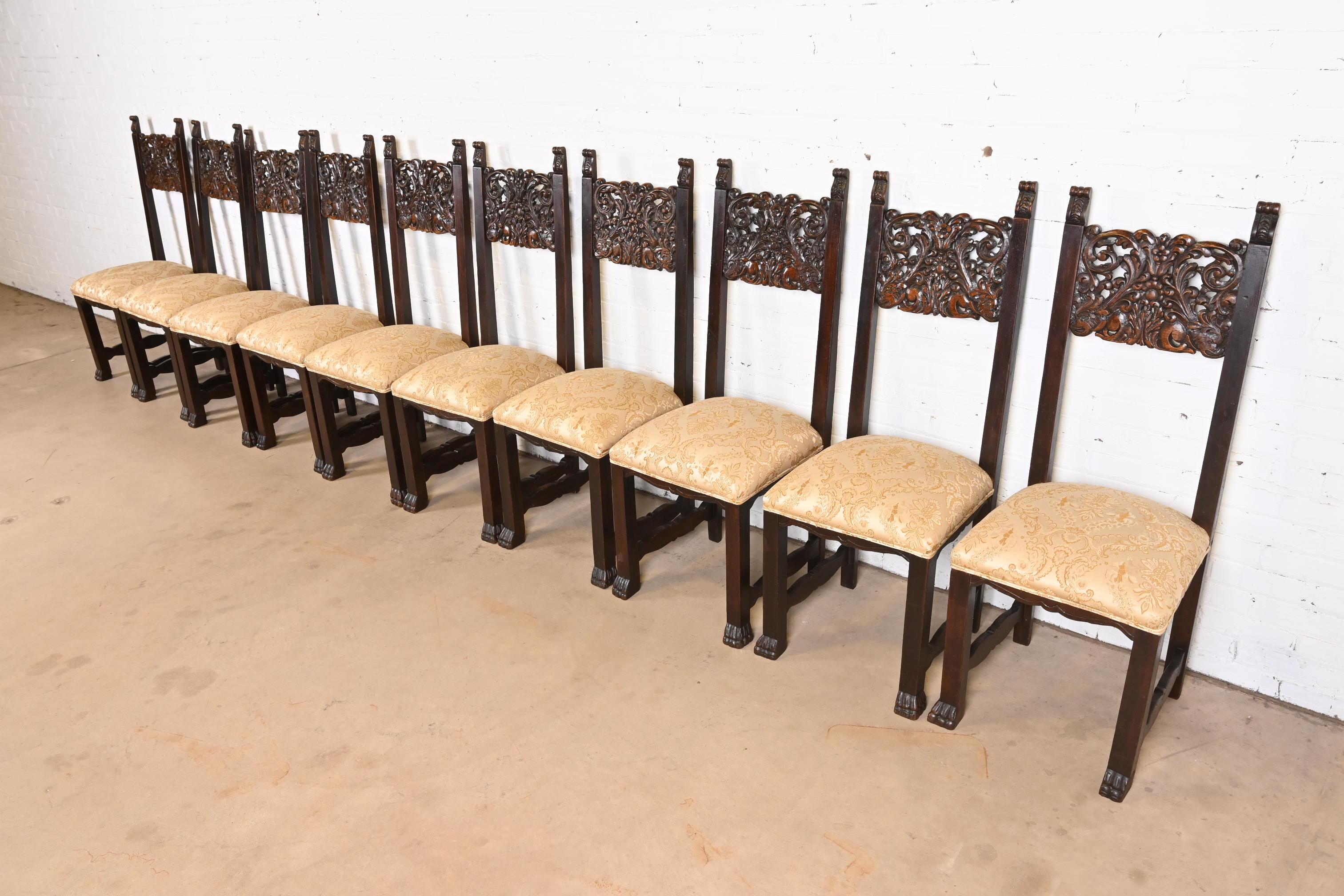 American R.J. Horner Victorian Ornate Carved Oak High Back Dining Chairs, Set of Ten For Sale