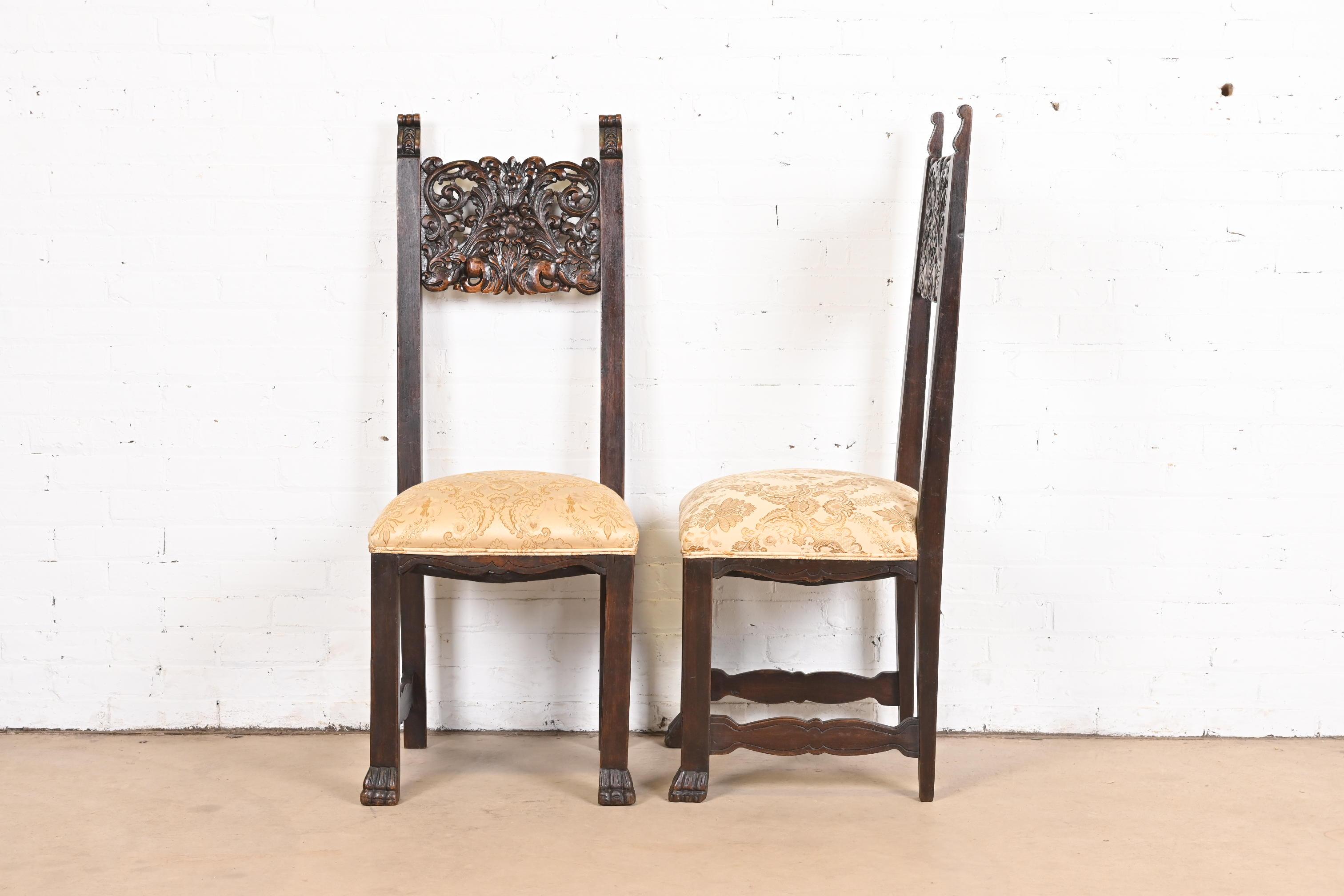 Upholstery R.J. Horner Victorian Ornate Carved Oak High Back Dining Chairs, Set of Ten For Sale
