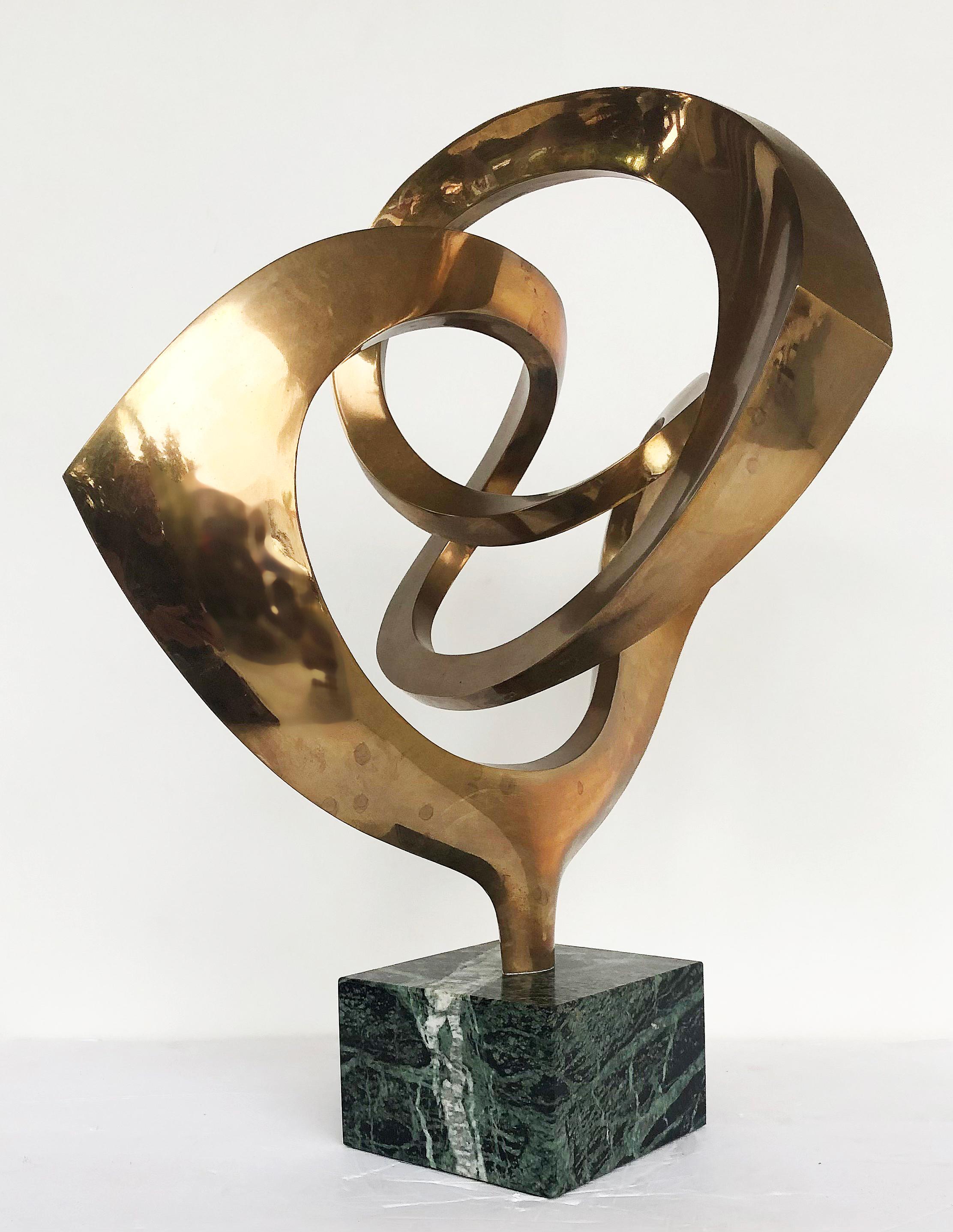 Mid-Century Modern RJ Mitchell Abstract Sculpture, Polished Brass on Marble Base