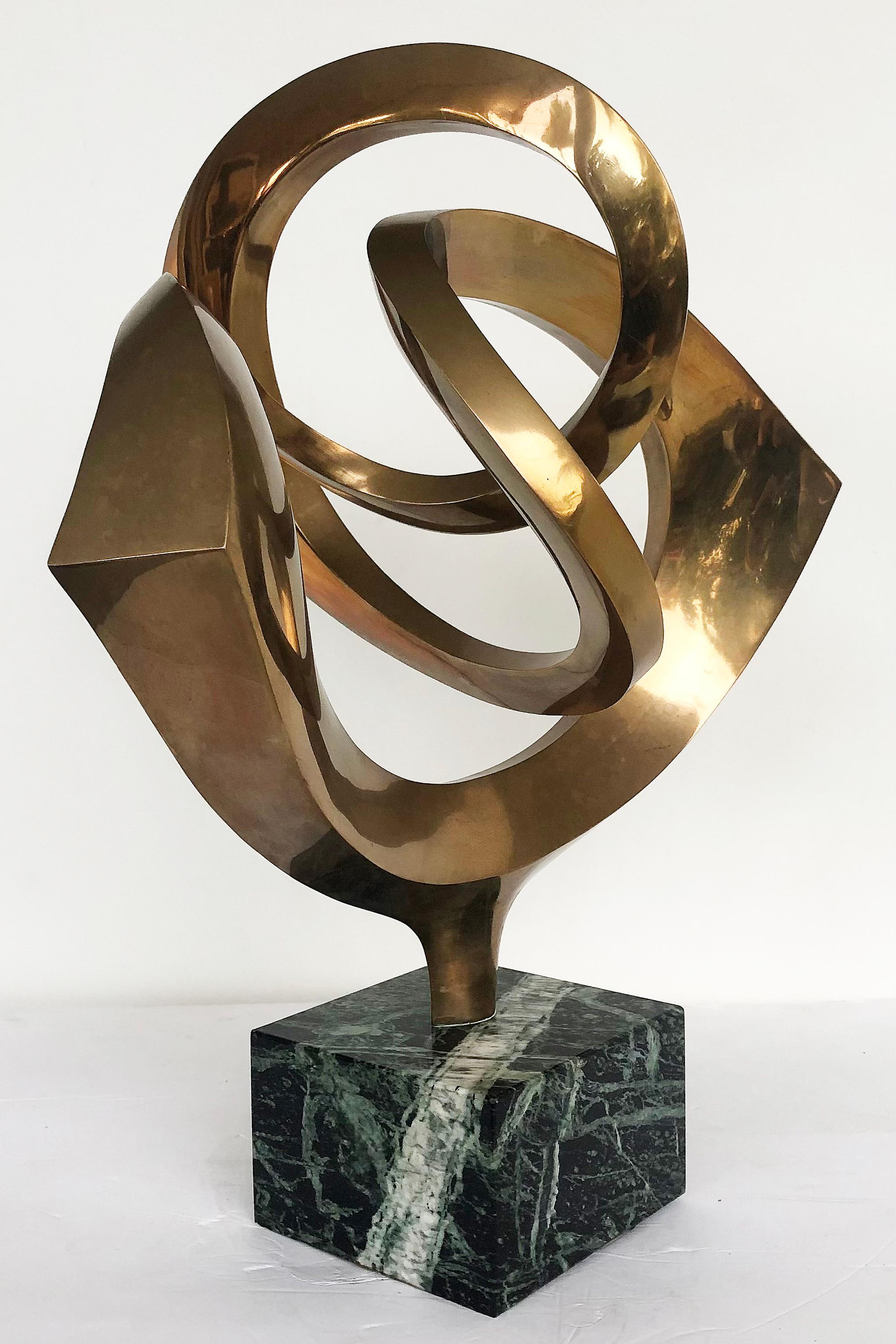 RJ Mitchell Abstract Sculpture, Polished Brass on Marble Base In Good Condition In Miami, FL