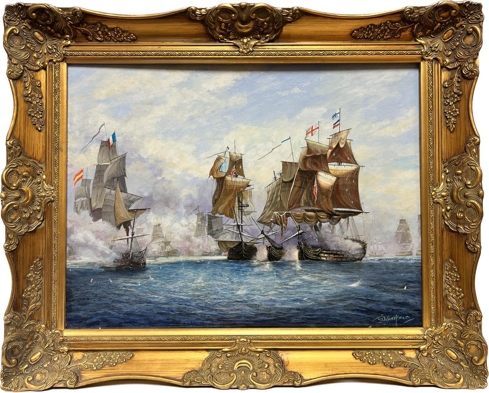 Artist/ School: R J Wakefield, Signed, British late 20th entury

Title: The Battle of Trafalgar 

Medium: oil on canvas board, framed and inscribed verso

Framed: 24 x 30 inches
Painting: 18 x 24 inches

Provenance: private collection,