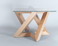 "RK" Modern Wood Side Table with Big Square Crystal Extra White Glass Top