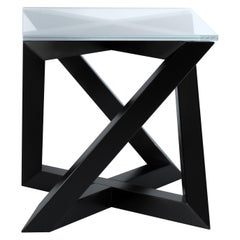 "RK" Modern Wood Side Table with Square Crystal Extra White Glass Top