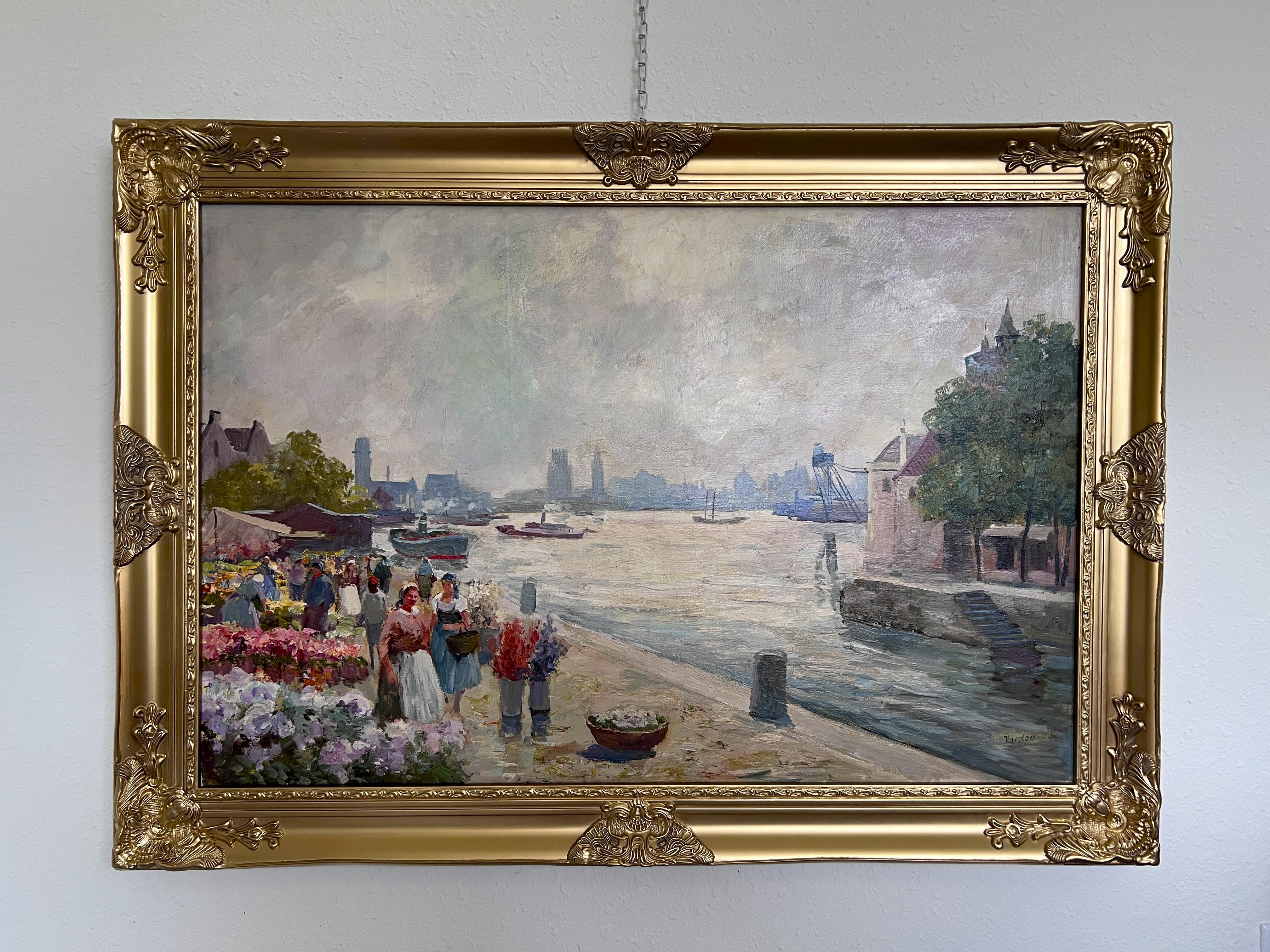 Pintura al óleo sobre lienzo, Escena de mercado de flores europeo, Firmado R.Kardau, enmarcado en venta 1