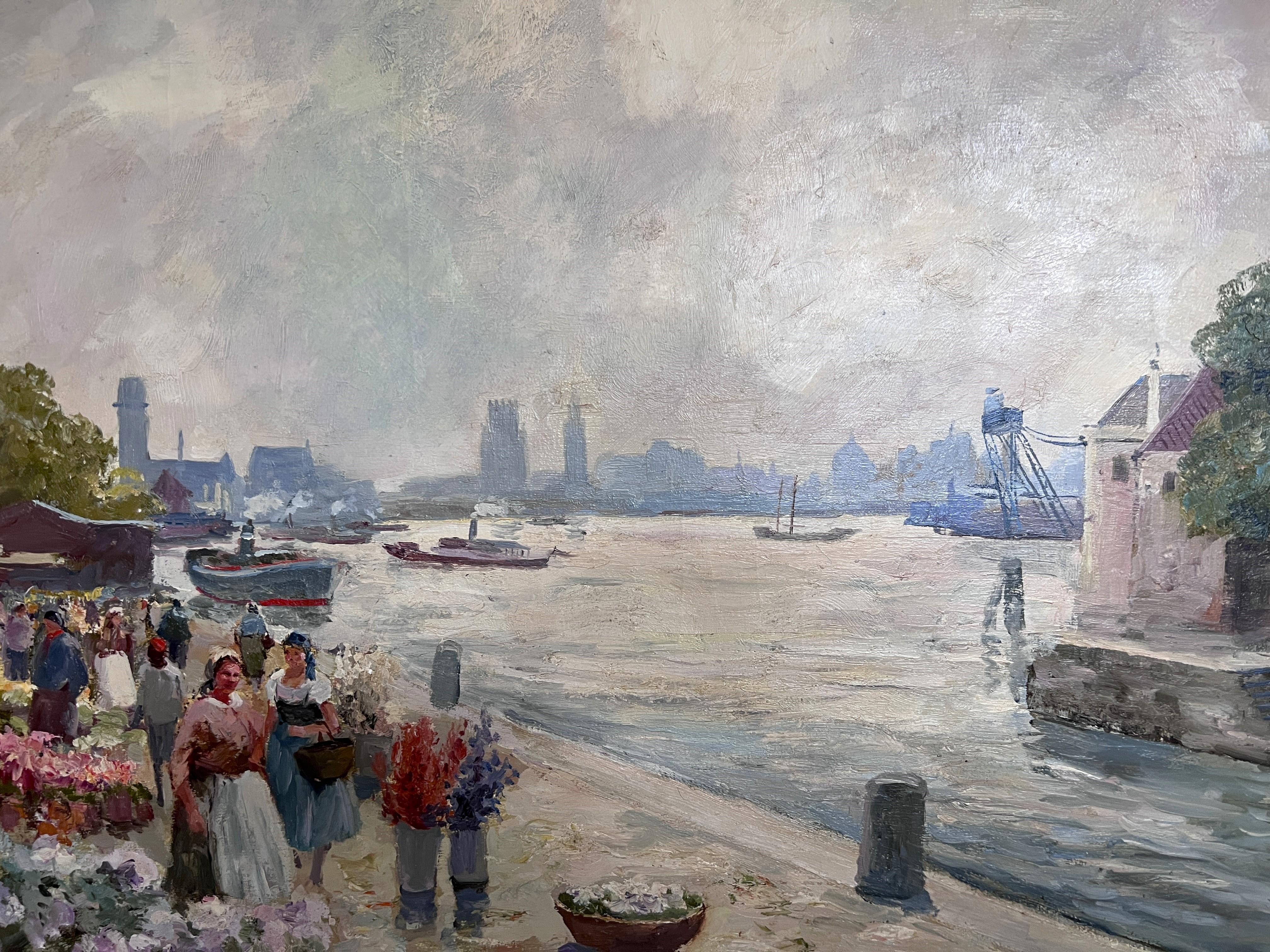 Pintura al óleo sobre lienzo, Escena de mercado de flores europeo, Firmado R.Kardau, enmarcado en venta 2