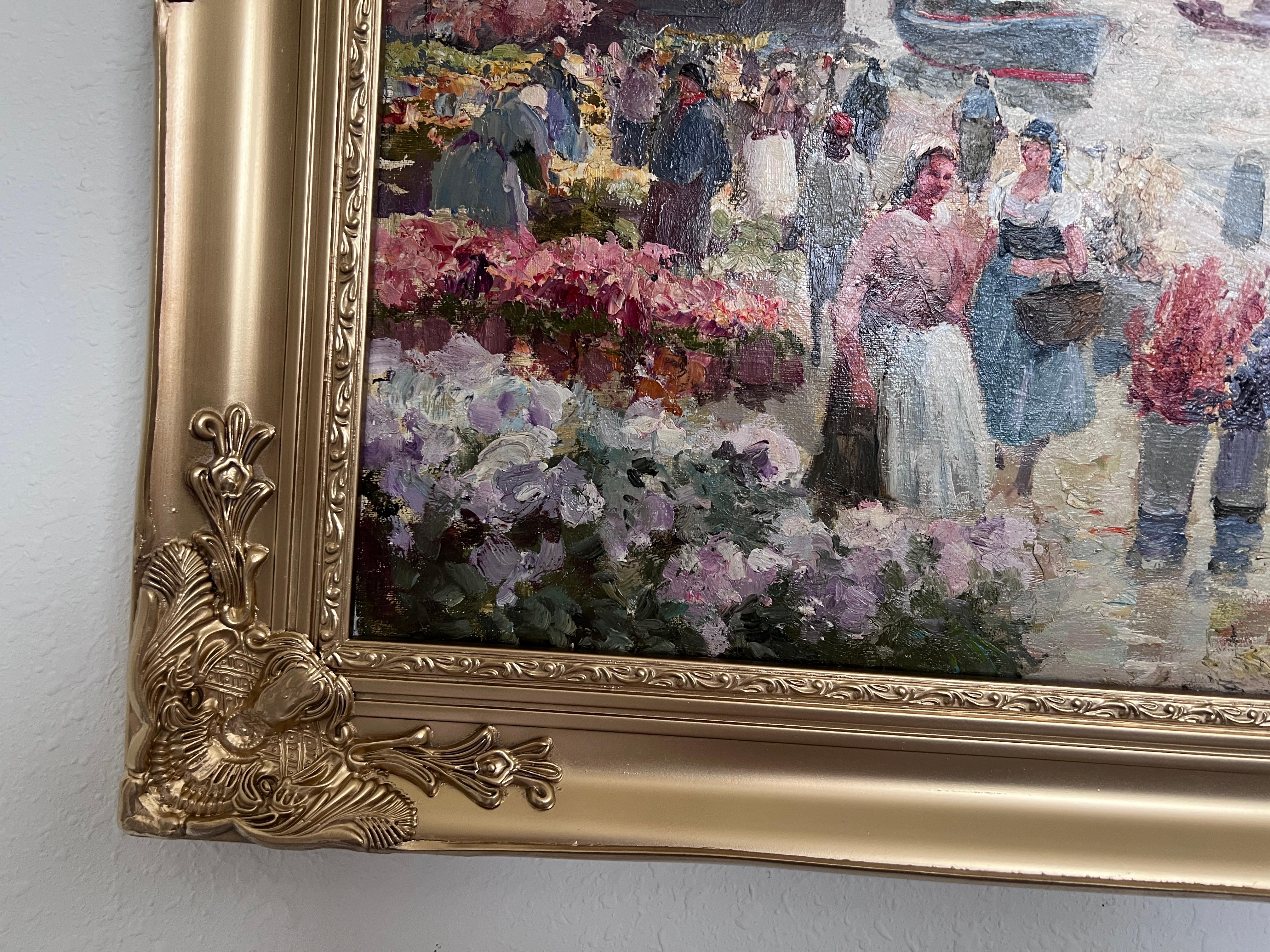 Pintura al óleo sobre lienzo, Escena de mercado de flores europeo, Firmado R.Kardau, enmarcado en venta 3