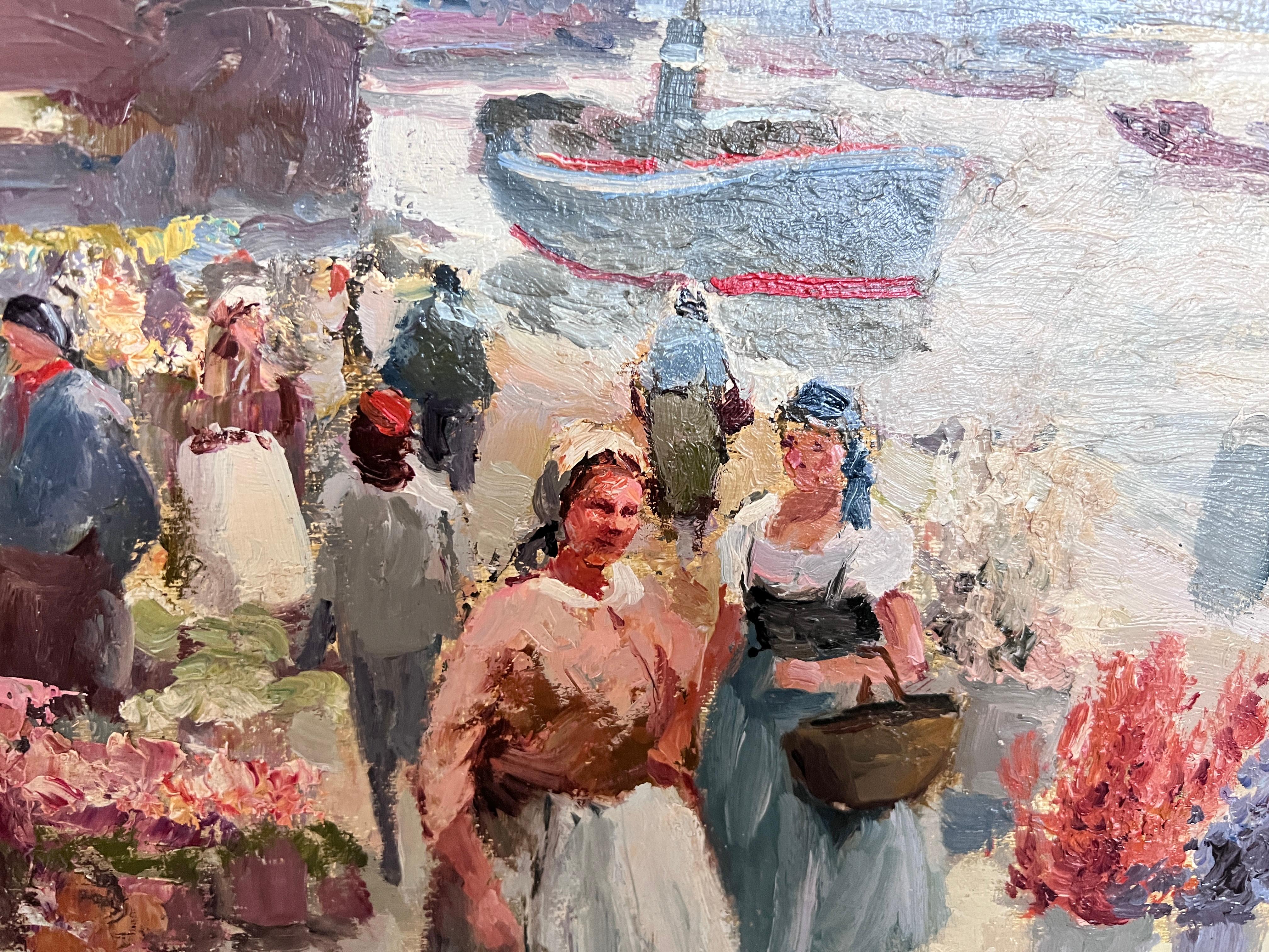 Pintura al óleo sobre lienzo, Escena de mercado de flores europeo, Firmado R.Kardau, enmarcado en venta 7