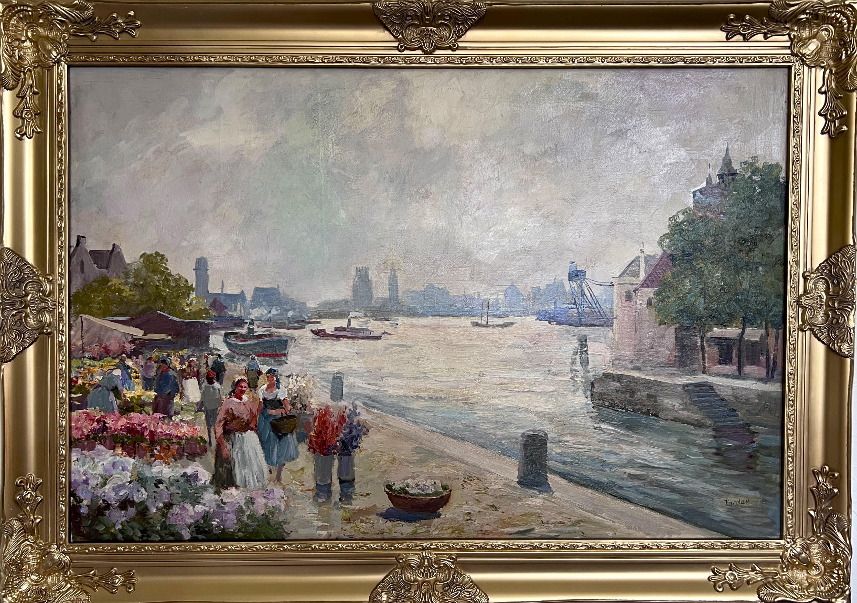 Se trata de una pintura al óleo sobre lienzo original de  Artista europeo R.Kardau (XX). 

Este cuadro representa una vibrante escena ribereña, capturando un mercado lleno de vida a lo largo de un paseo marítimo. En primer plano aparecen mujeres
