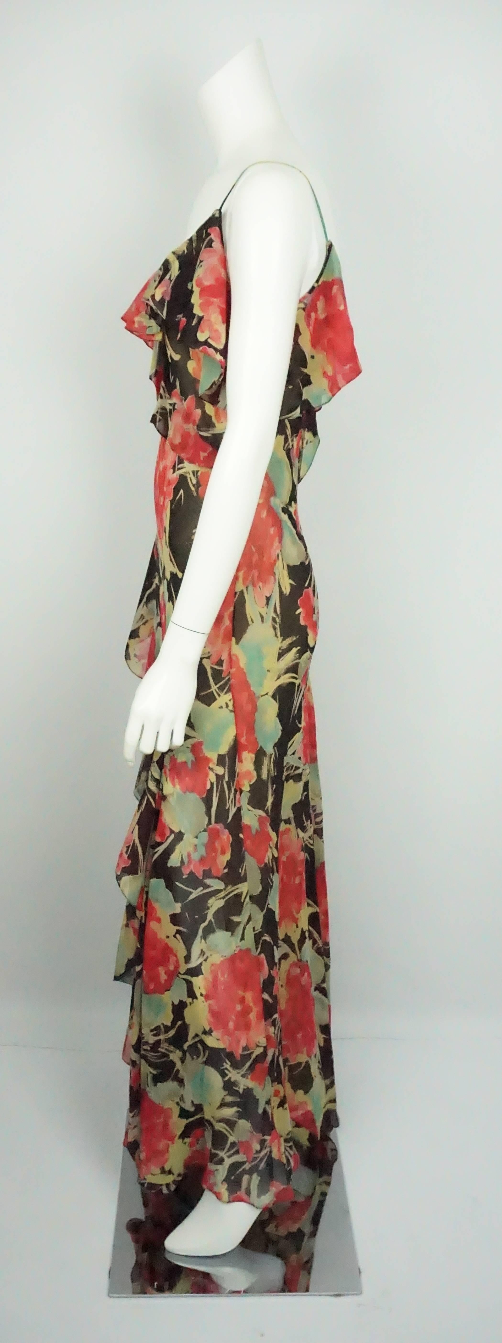 RL Purple Label Multi Print Silk Long Dress w/ Ruffles - 8 - NWT This beautiful summer dress is new with tags. The dress is completely made of silk. The dress has spaghetti straps and side sleeves that are the same fabric as the dress. The top of
