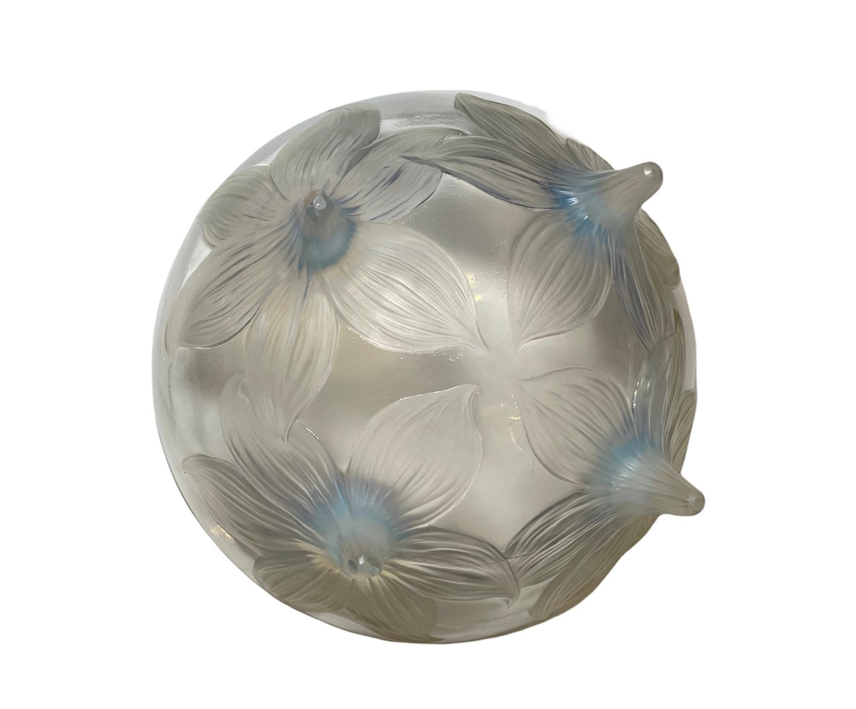 Molded R.Lalique Lys Crystal Opalescent Footed Bowl For Sale