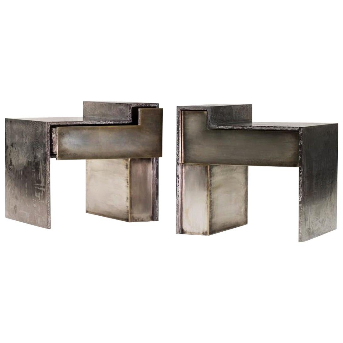 RLB BST Silvered Brass and Gunmetal Bedside Table Set of Two