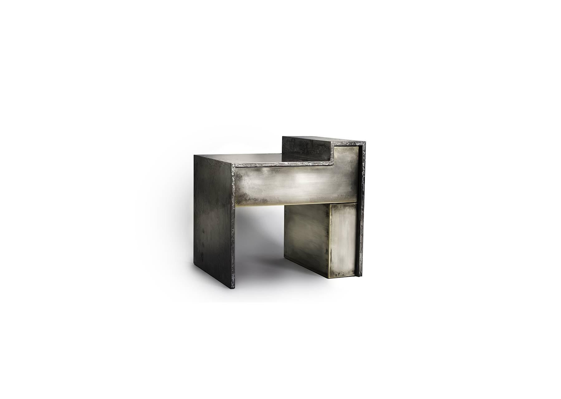 One of the latest creations of modern collectible luxury furniture, the bespoke RLBST bedside table is a nightstand that can be produced in a variety of brass and liquid metal based finishes. As pictured, these tables feature hand silvered brass