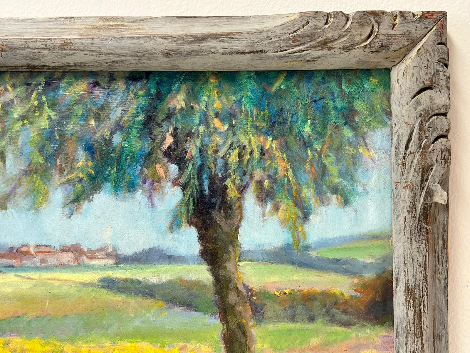 Artista/ Escuela: Artista postimpresionista francés, firmado, siglo XX

Título: Campos Dorados en Auvers-sur-Oise (ciudad famosa por su relación con Vincent van Gogh)

Medio:  óleo sobre tabla, enmarcado

Tamaño: 
enmarcado: 15 x 20