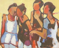 LARGE FRENCH CONTEMPORARY ABSTRACT CUBIST PAINTING - GIRLS CHATTING