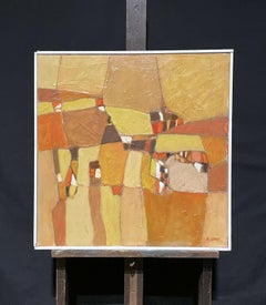 LARGE FRENCH CONTEMPORARY ABSTRACT CUBIST PAINTING - R. LEROY - OCHRE COLORS